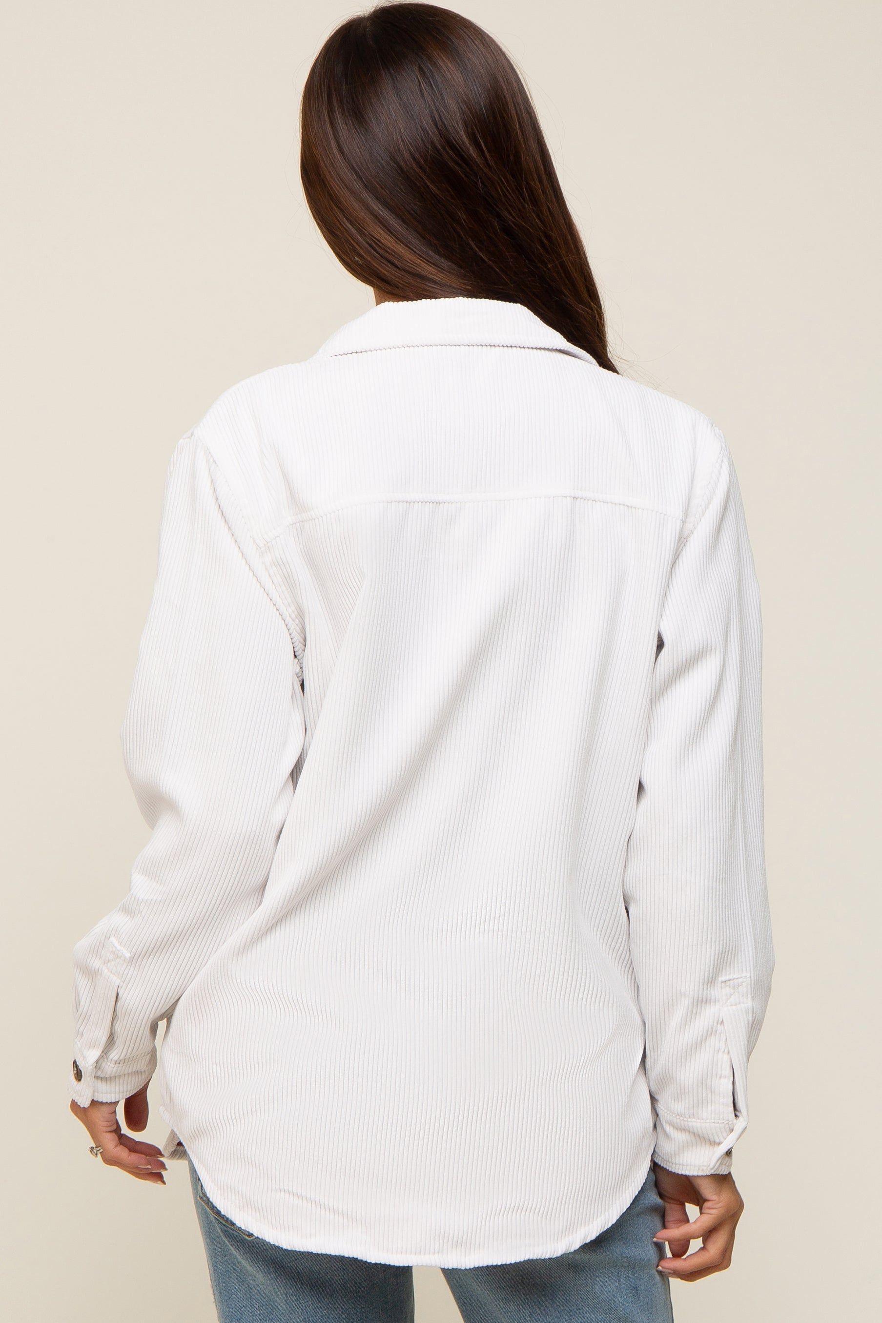 White Corduroy Plaid Fleece Lined Button Down Maternity Shacket sold by Pinkblush product image thumbnail 3