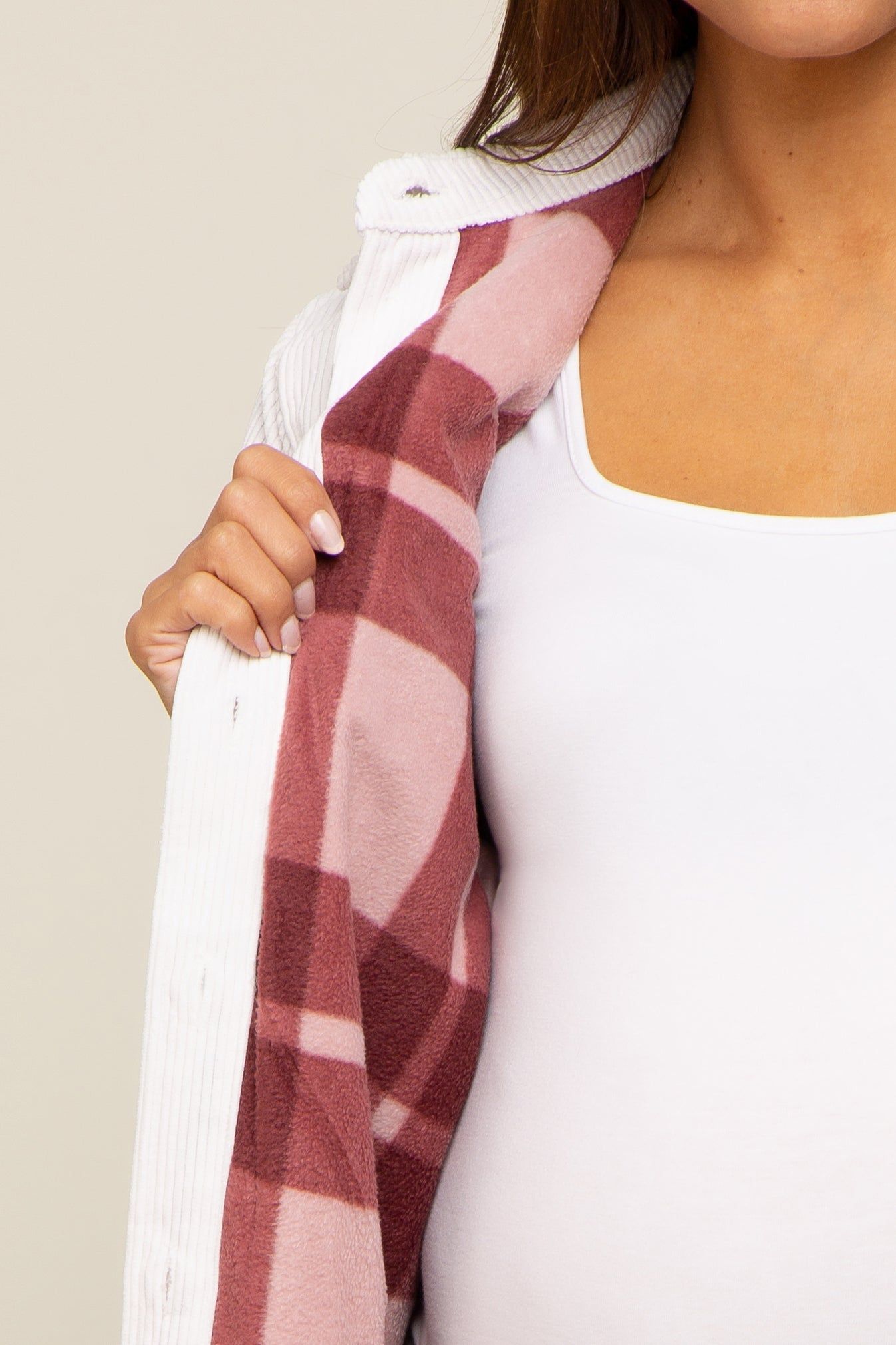 White Corduroy Plaid Fleece Lined Button Down Maternity Shacket sold by Pinkblush product image thumbnail 4