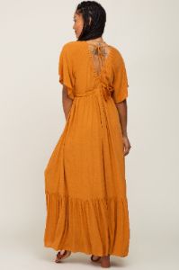Camel V-Neck Flounce Sleeve Maxi Dress sold by Pinkblush