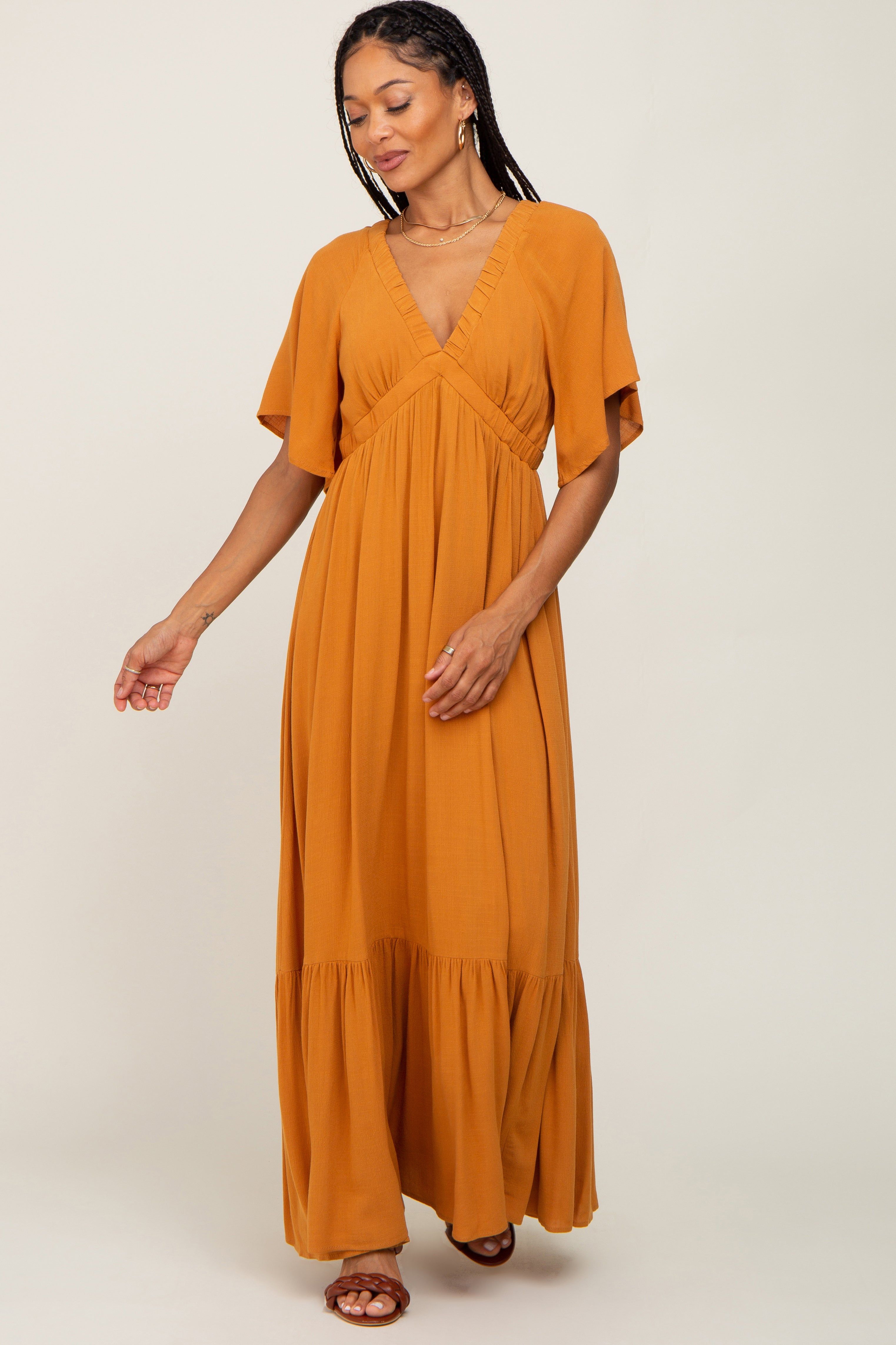 Camel V-Neck Flounce Sleeve Maxi Dress sold by Pinkblush