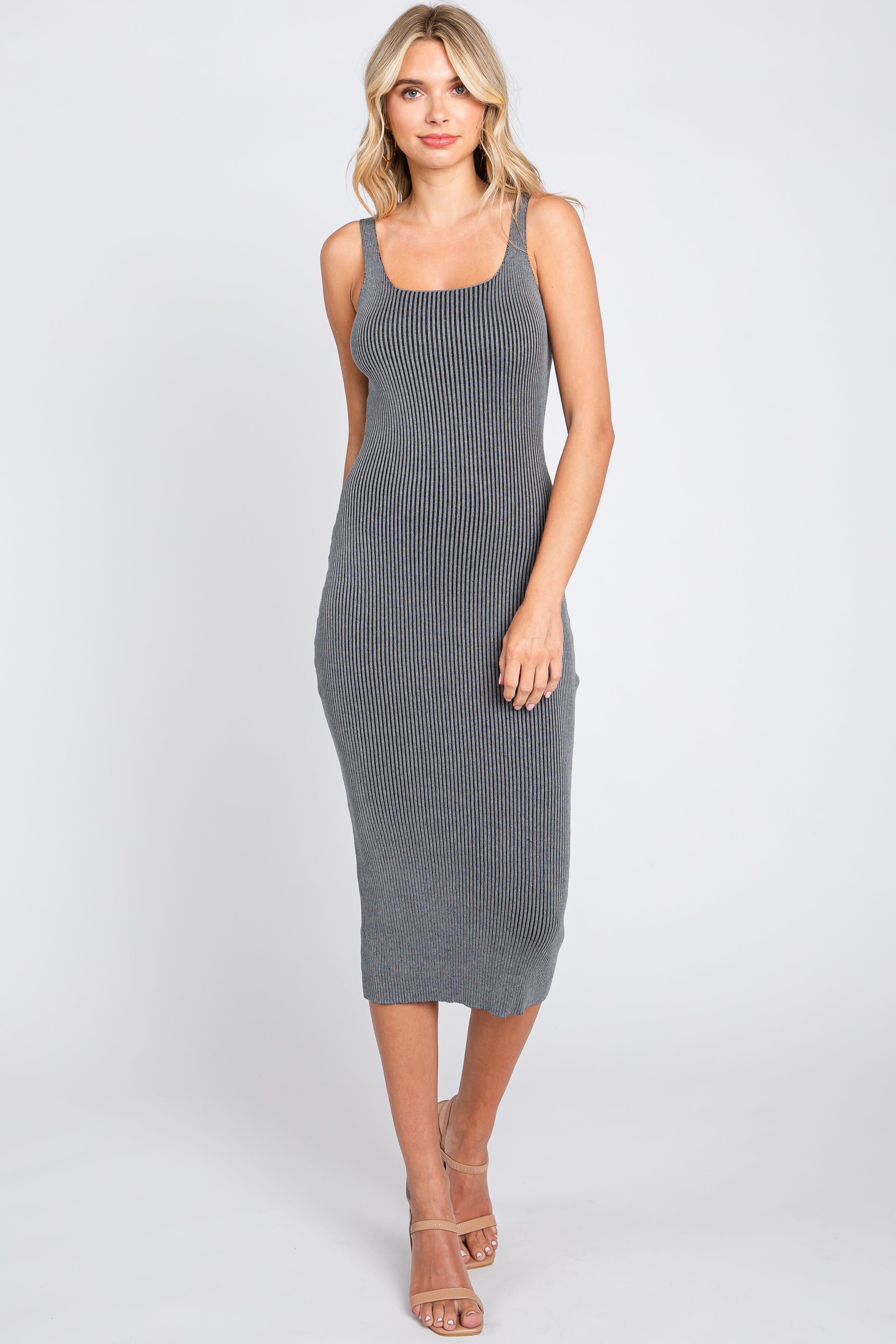 Grey Rib Knit Lace Up Back Midi Dress sold by Pinkblush