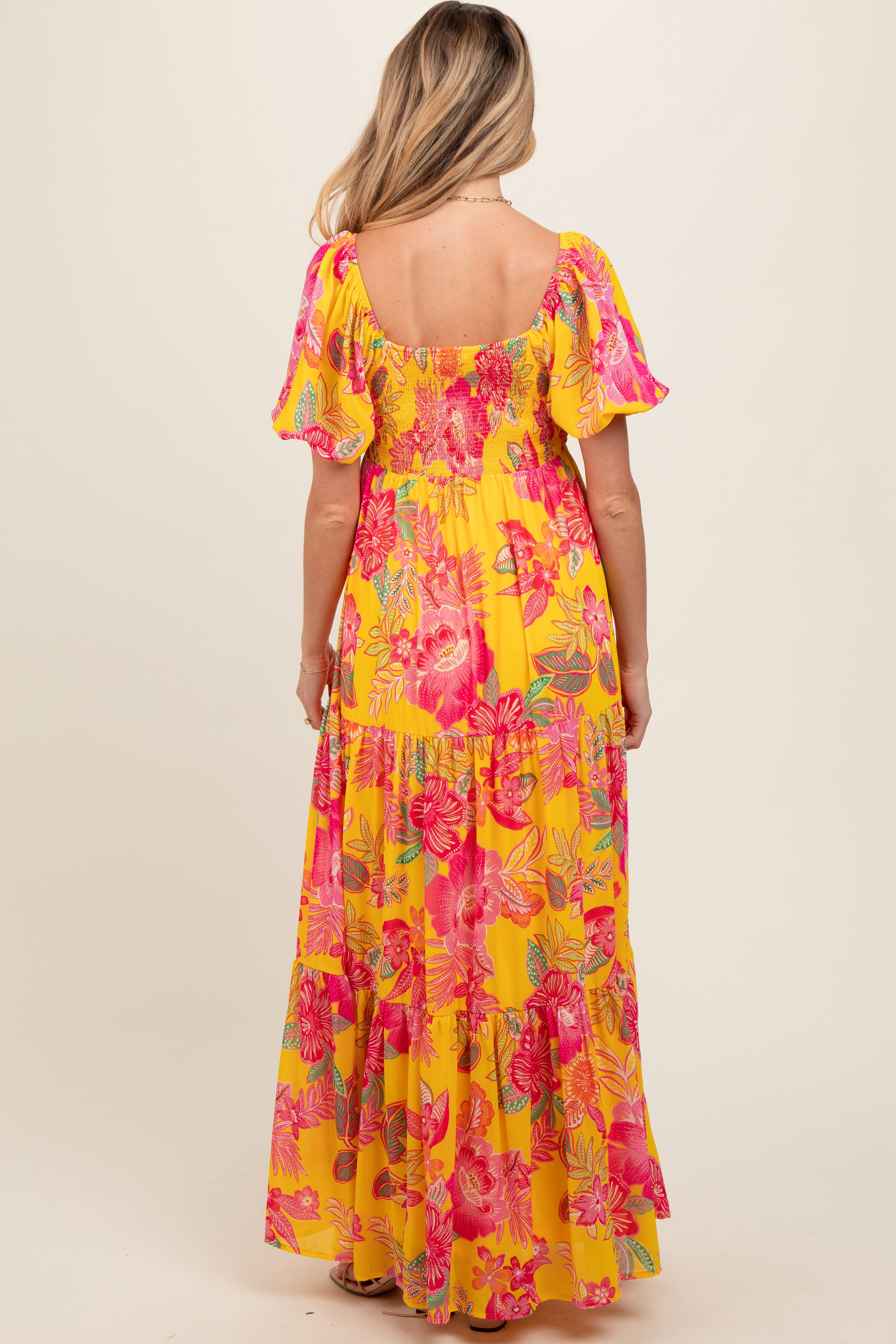 Yellow Floral Sweetheart Neck Tiered Maternity Maxi Dress sold by Pinkblush product image thumbnail 4