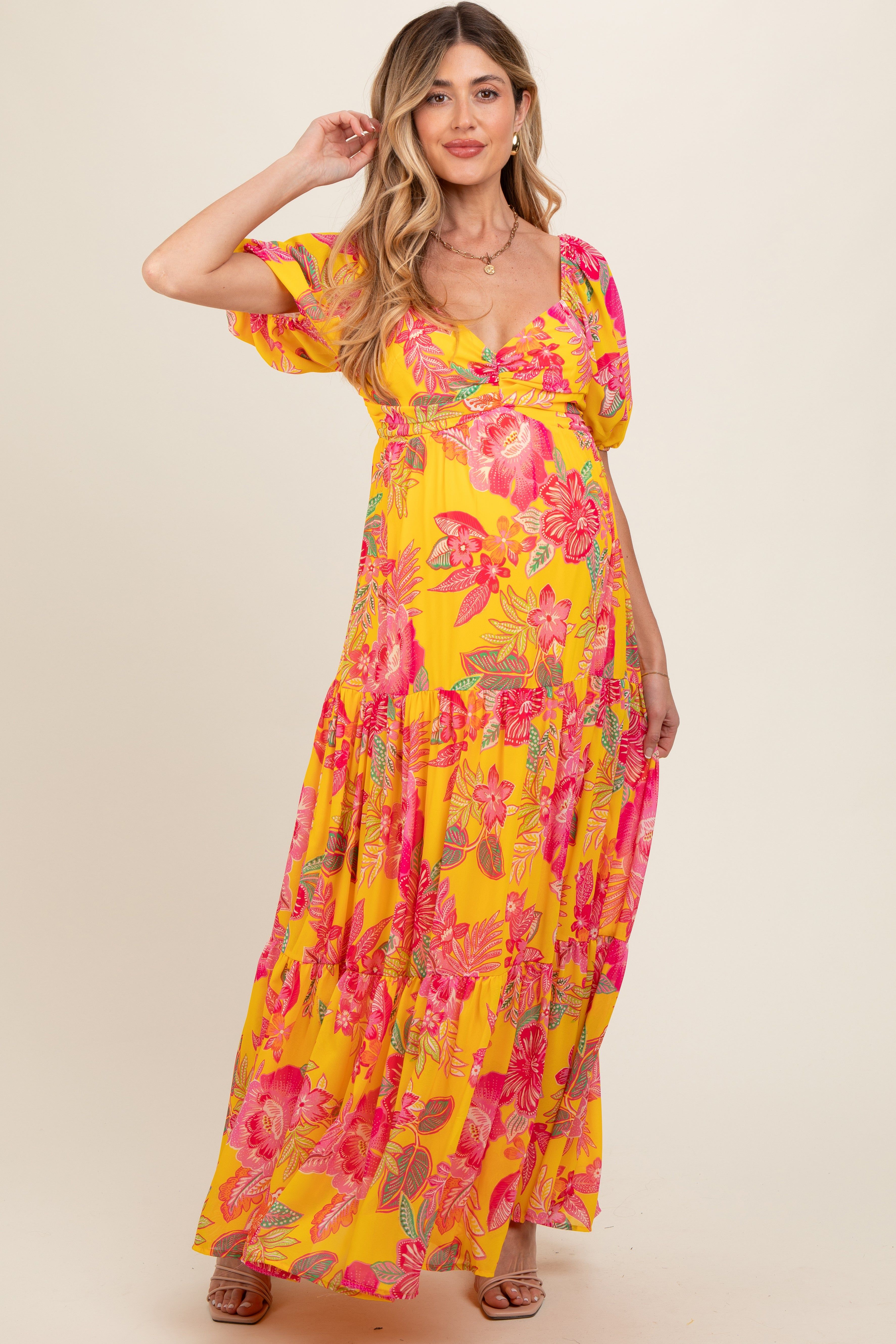 Yellow Floral Sweetheart Neck Tiered Maternity Maxi Dress sold by Pinkblush