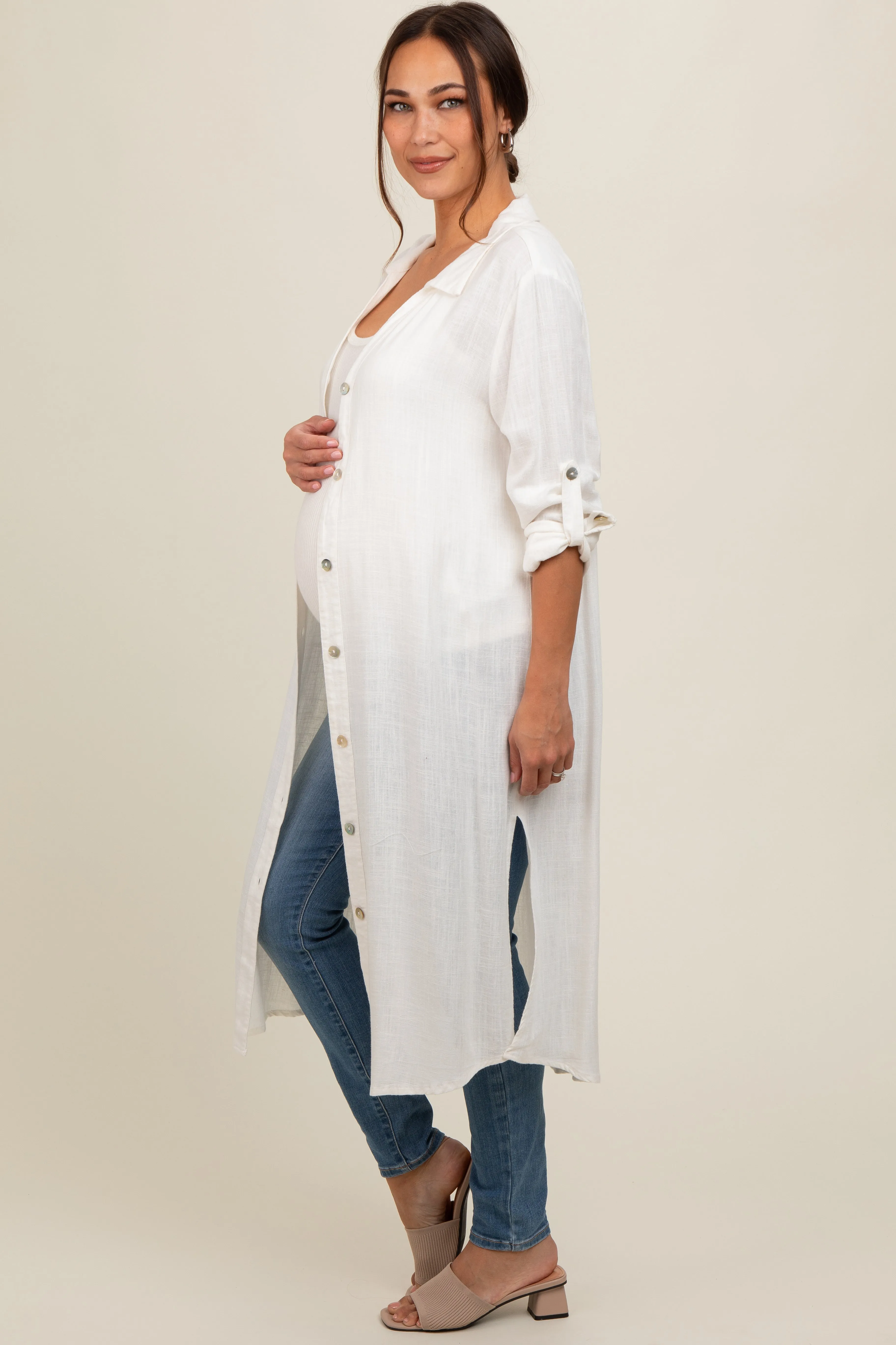 White Collared Button Down Long Maternity Blouse sold by Pinkblush product image thumbnail 3