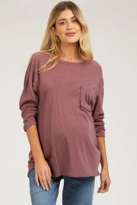 Burgundy Mineral Wash Front Pocket Long Sleeve Maternity Top sold by Pinkblush