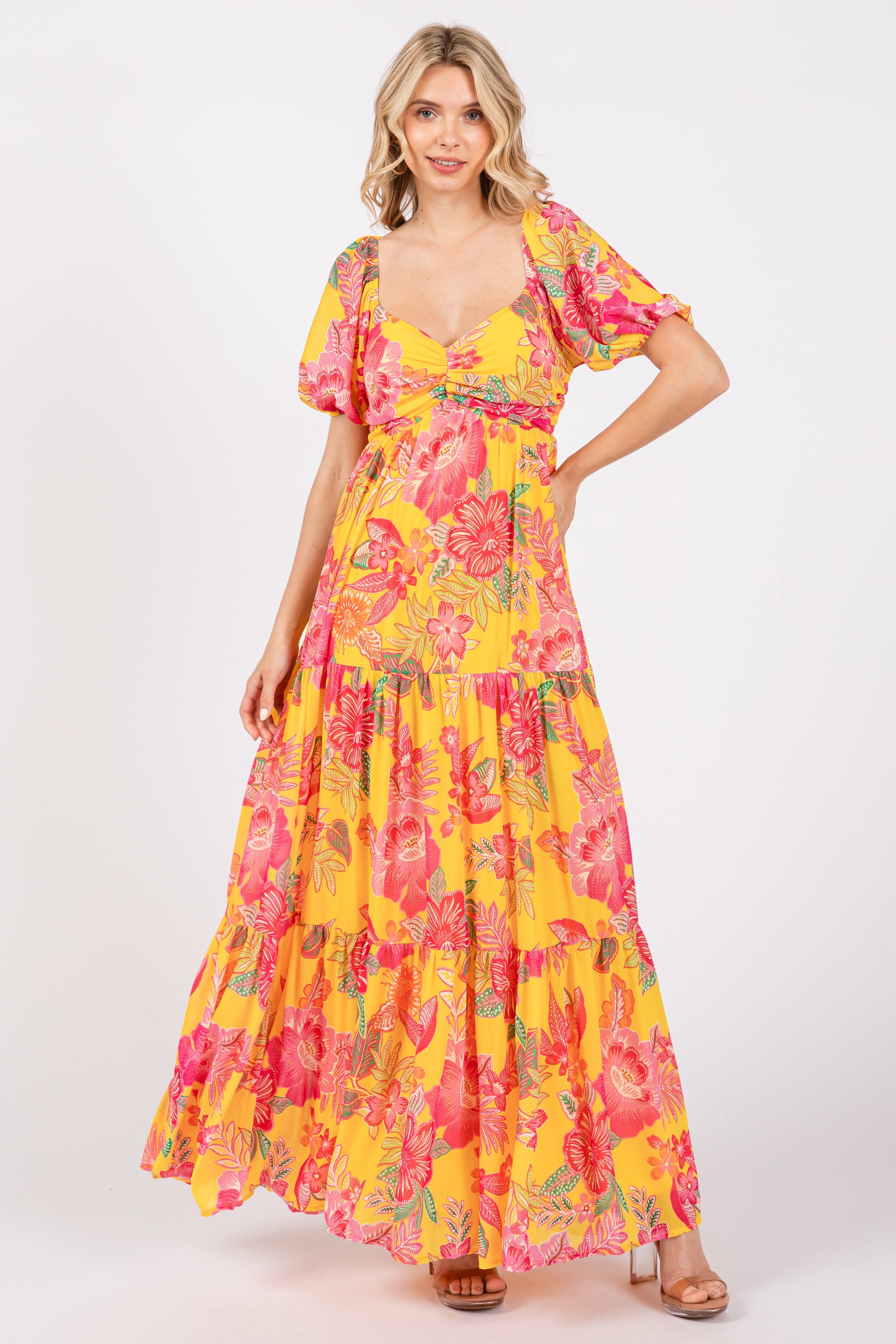 Yellow Floral Sweetheart Neck Tiered Maternity Maxi Dress sold by Pinkblush product image thumbnail 5