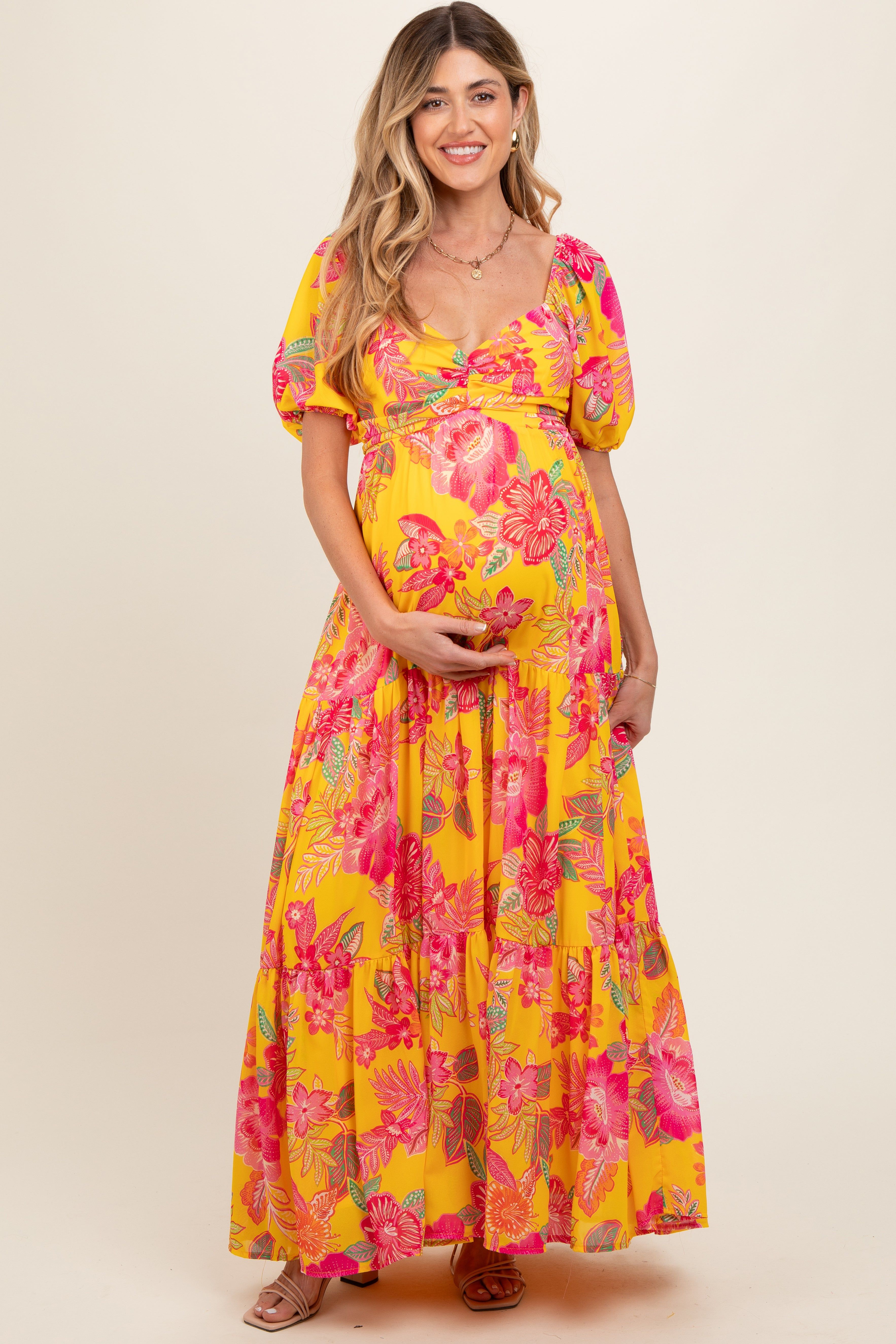 Yellow Floral Sweetheart Neck Tiered Maternity Maxi Dress sold by Pinkblush product image thumbnail 2