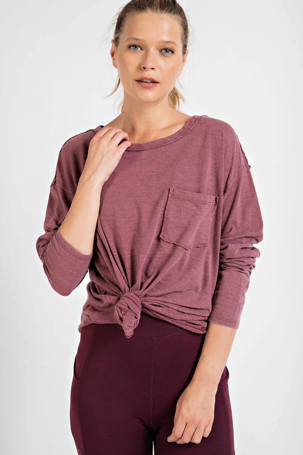 Burgundy Mineral Wash Front Pocket Long Sleeve Maternity Top sold by Pinkblush product image thumbnail 5