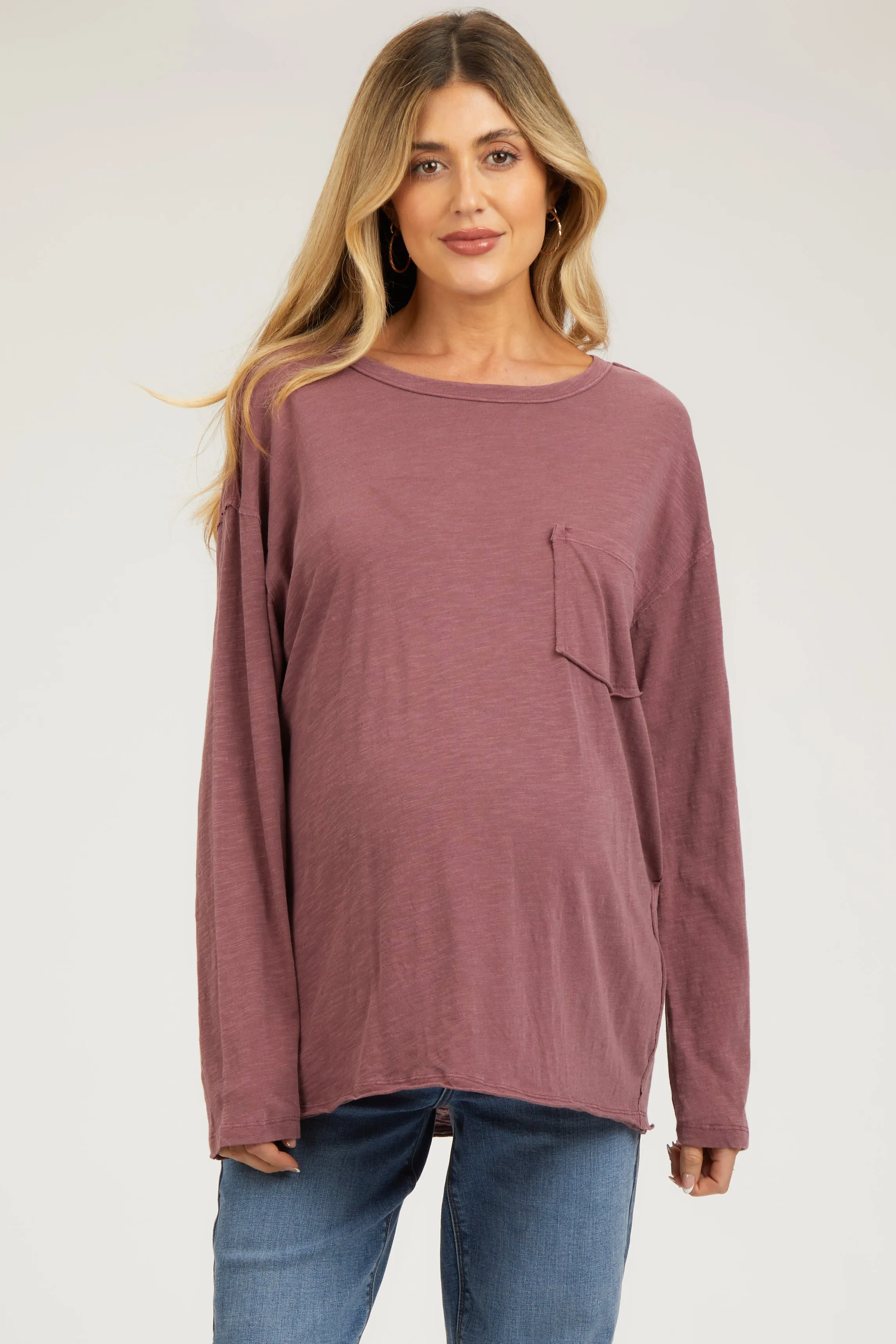 Burgundy Mineral Wash Front Pocket Long Sleeve Maternity Top sold by Pinkblush product image thumbnail 2