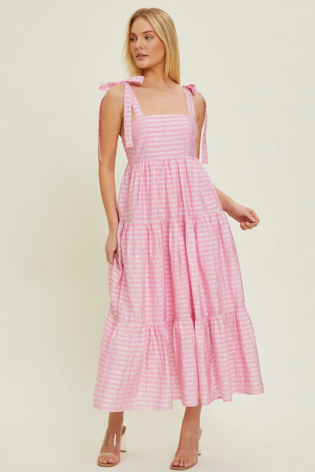 Pink Gingham Shoulder Tie Dress sold by Pinkblush