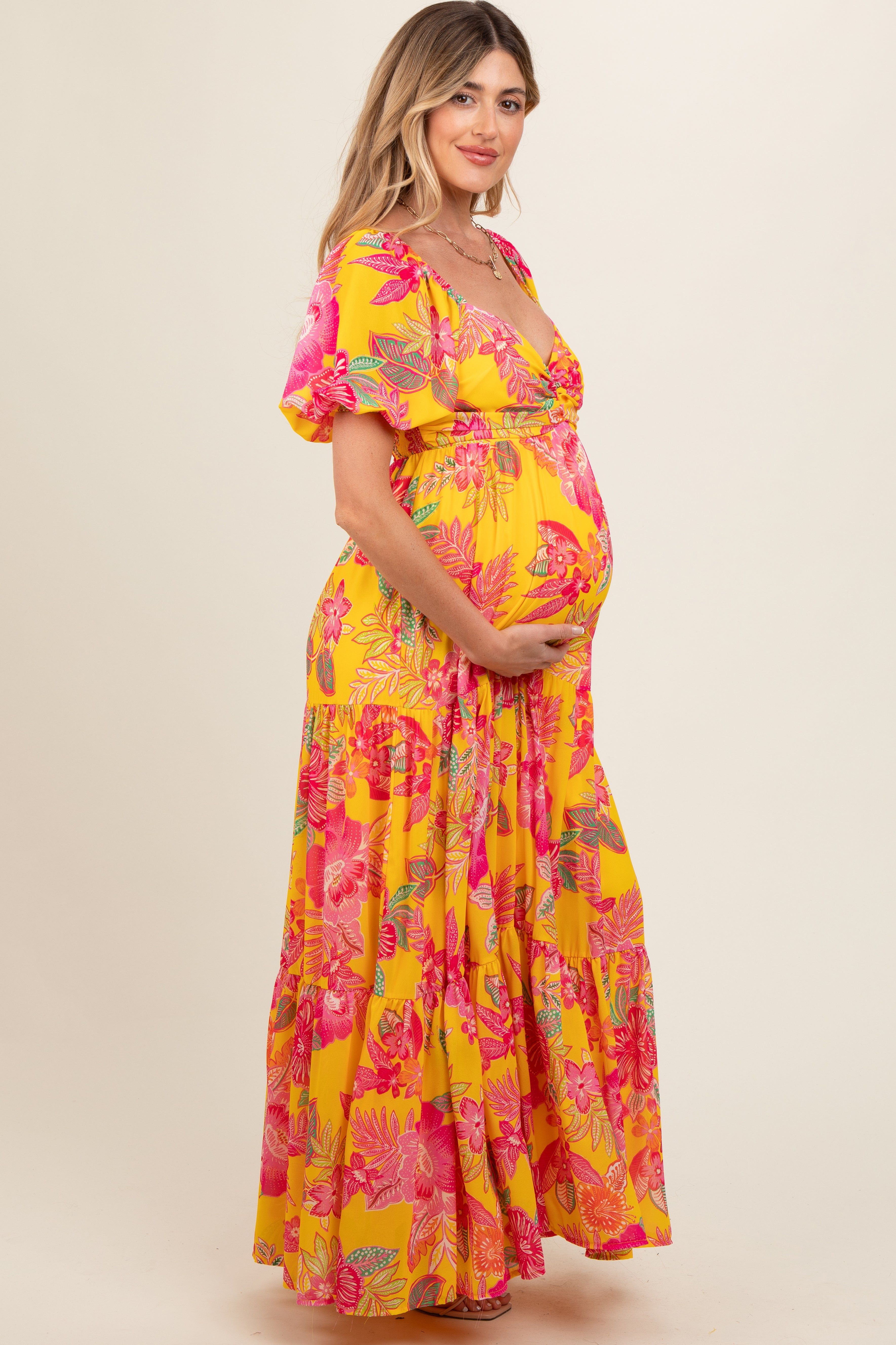 Yellow Floral Sweetheart Neck Tiered Maternity Maxi Dress sold by Pinkblush product image thumbnail 3