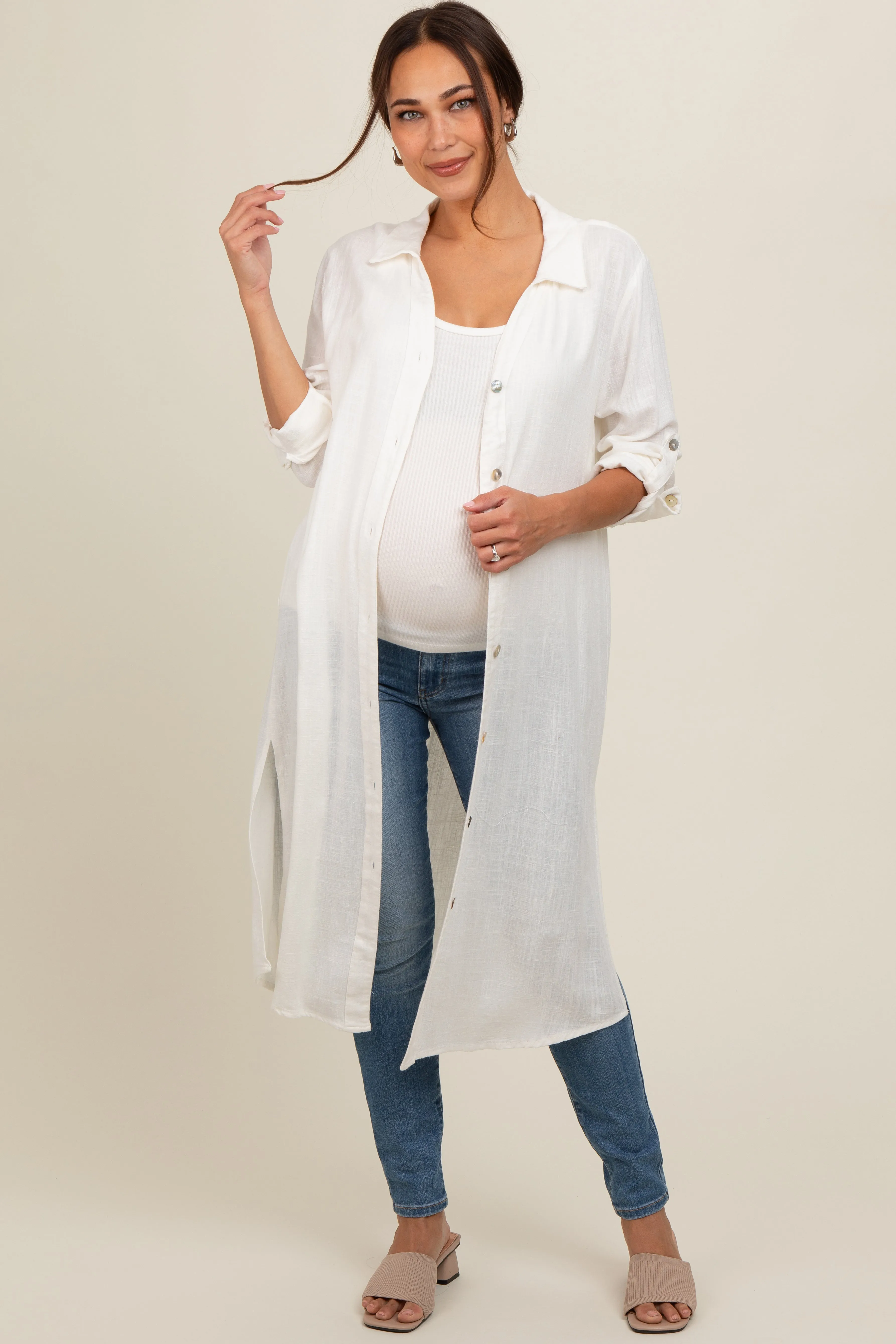 White Collared Button Down Long Maternity Blouse sold by Pinkblush product image thumbnail 2