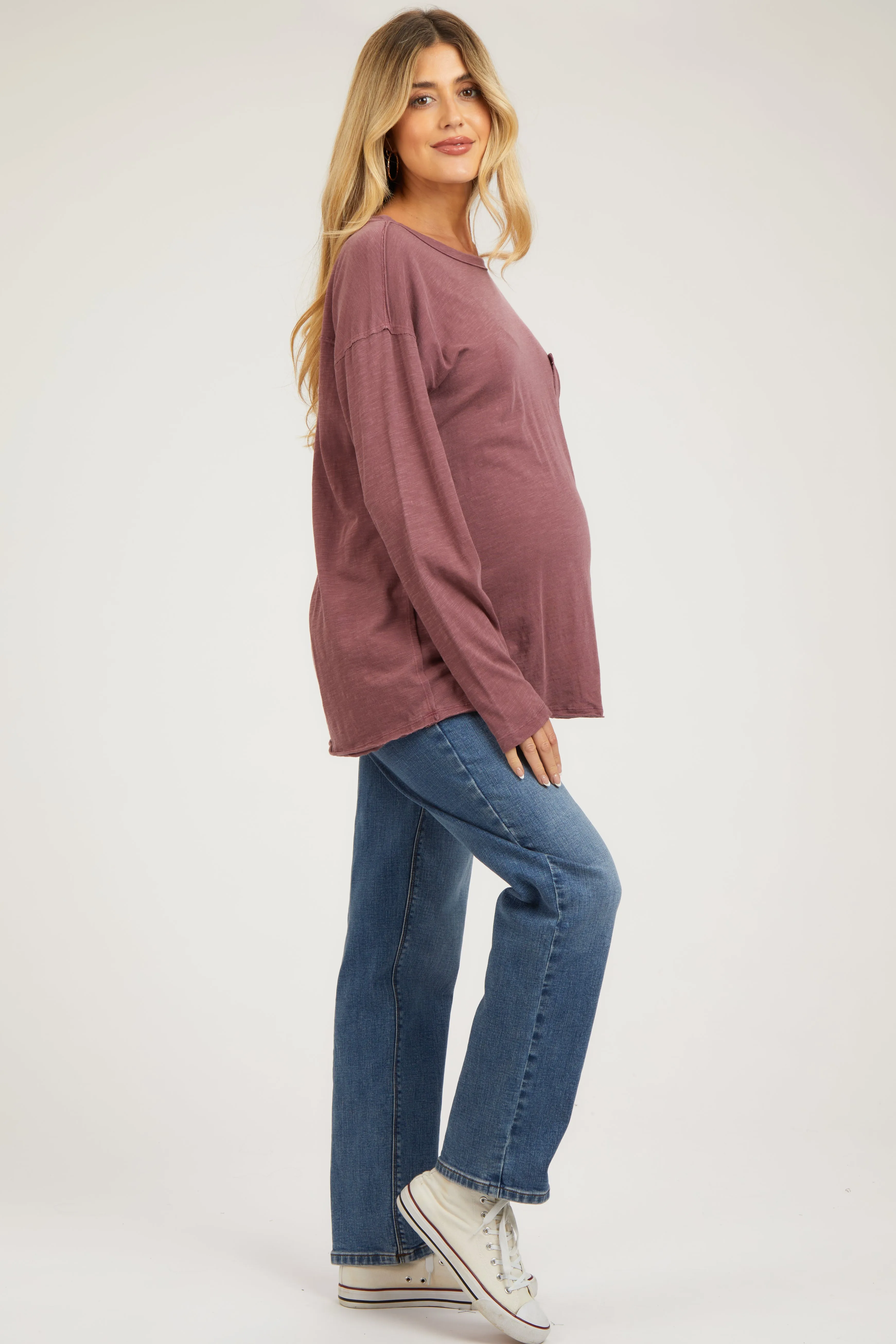 Burgundy Mineral Wash Front Pocket Long Sleeve Maternity Top sold by Pinkblush product image thumbnail 3