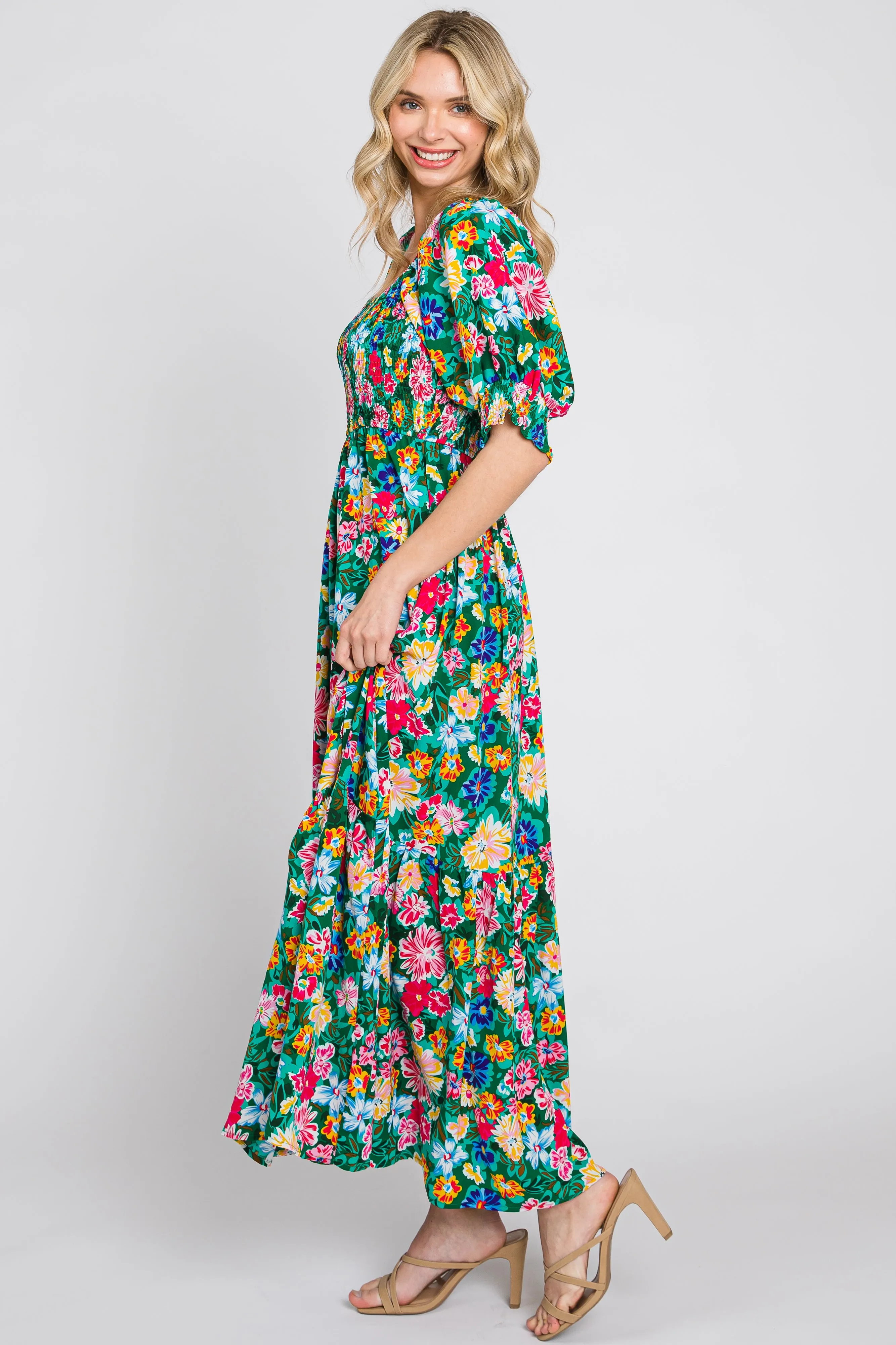 Green Floral Smocked Puff Sleeve Maxi Dress sold by Pinkblush product image thumbnail 3