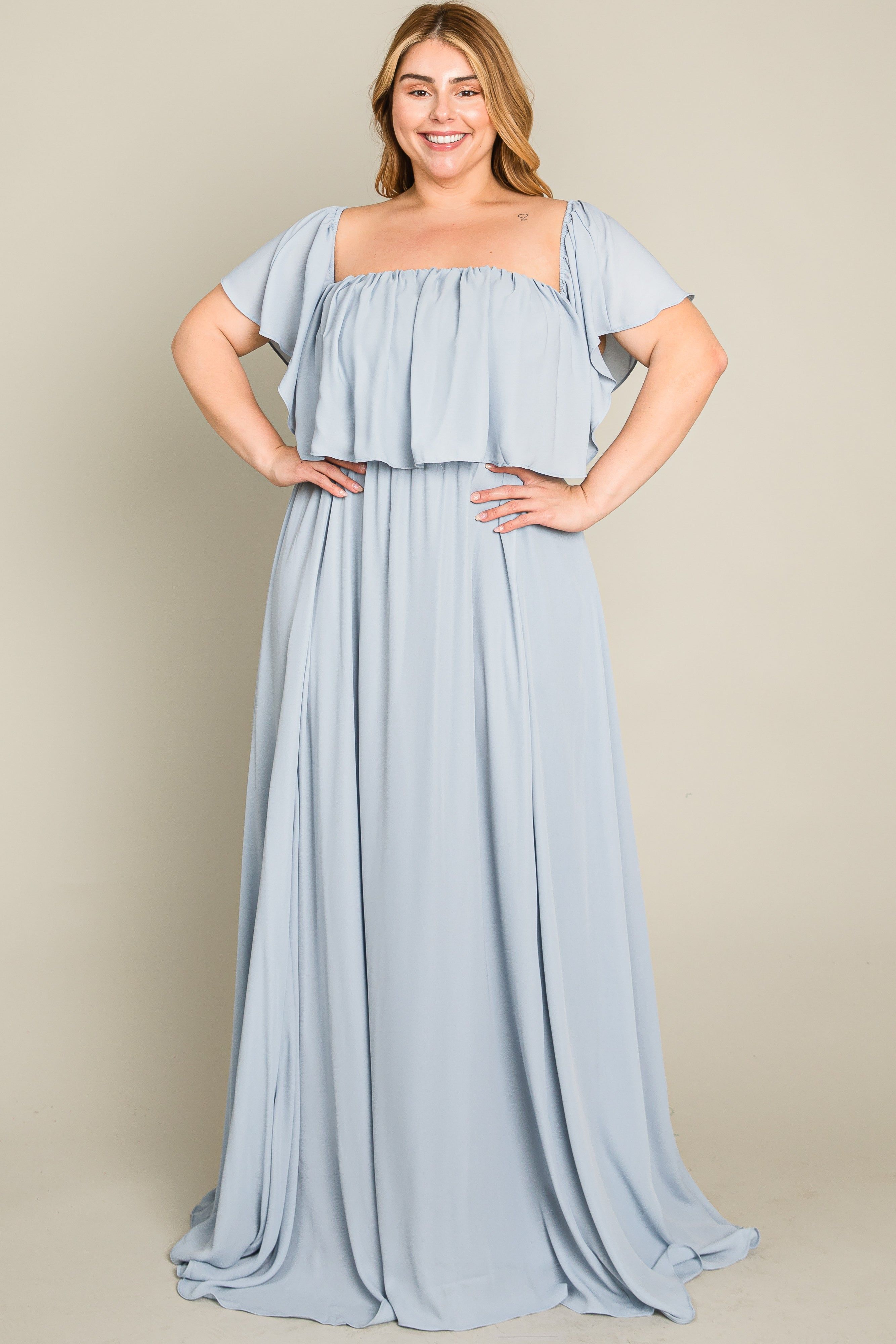 Light Blue Chiffon Off Shoulder Plus Gown sold by Pinkblush product image thumbnail 3
