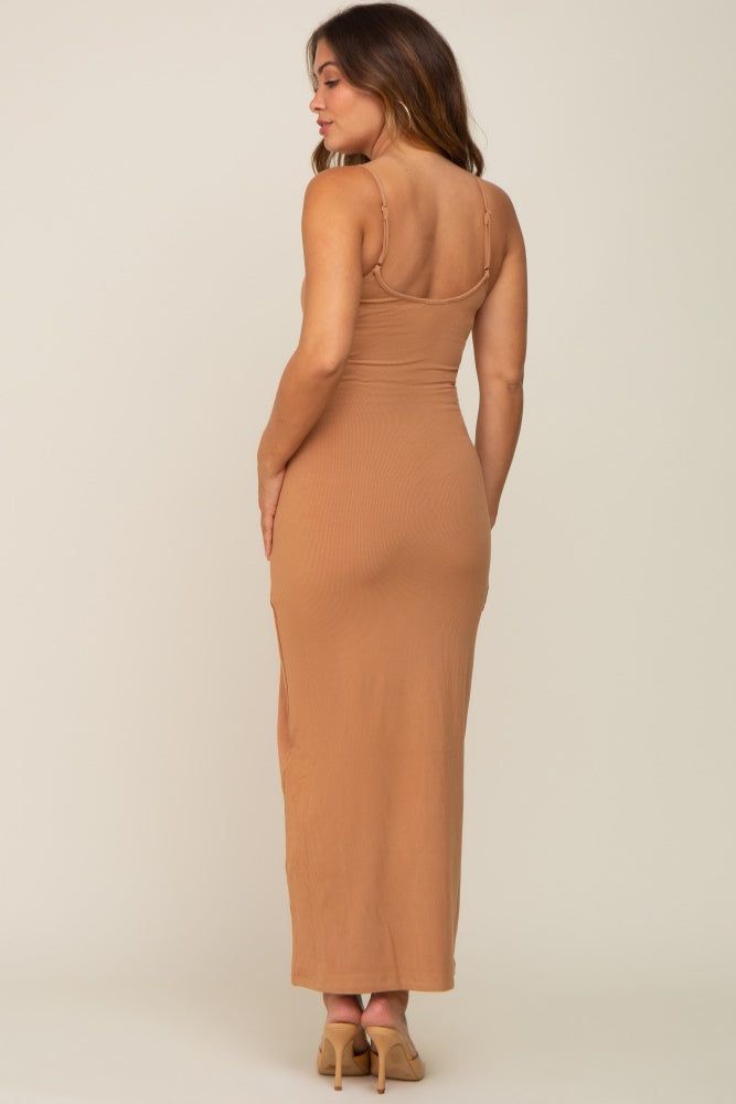 Camel Ribbed Basic Maternity Midi Dress sold by Pinkblush product image thumbnail 3