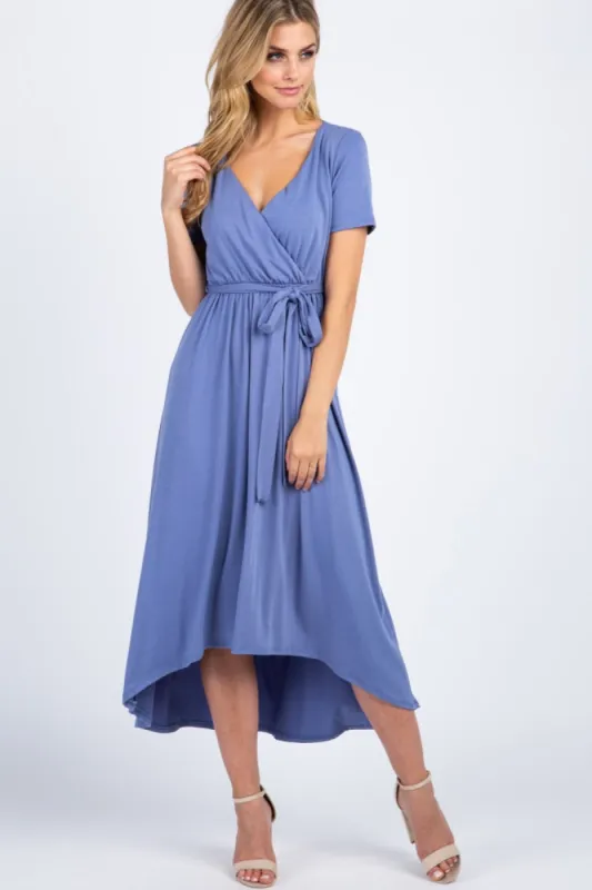 Slate Blue Solid Hi-Low Wrap Dress sold by Pinkblush