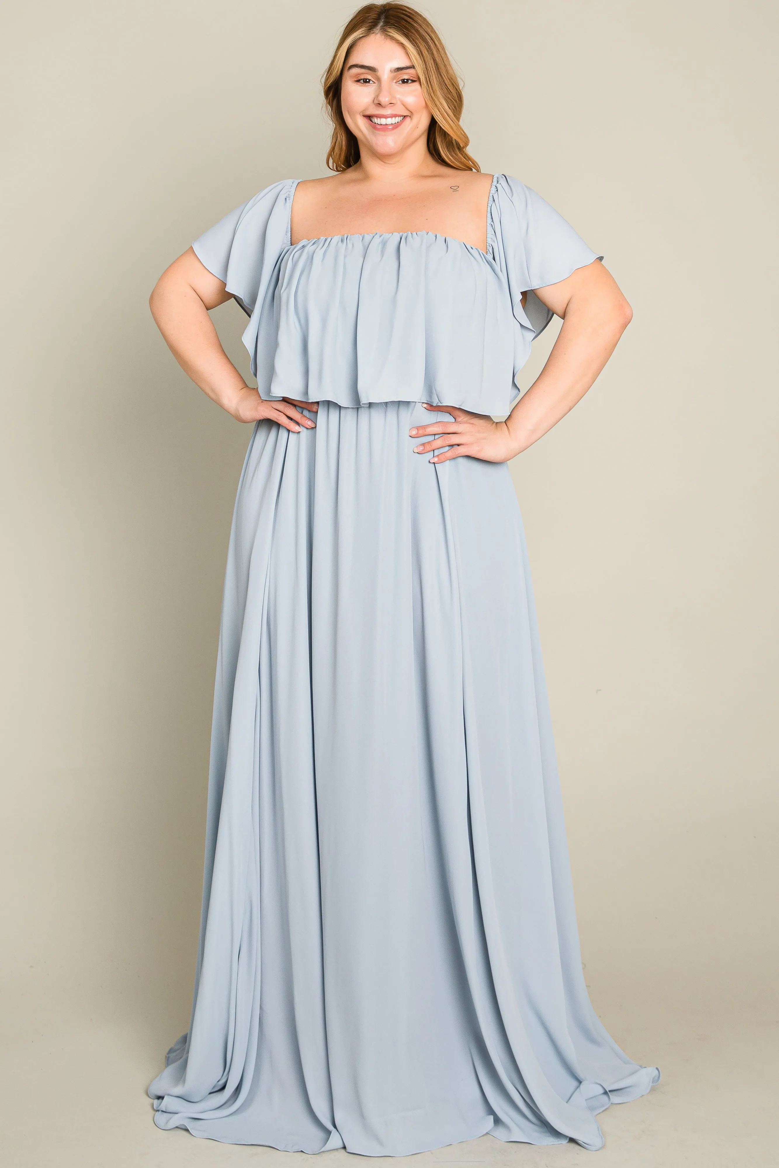 Light Blue Chiffon Off Shoulder Plus Gown sold by Pinkblush product image thumbnail 3
