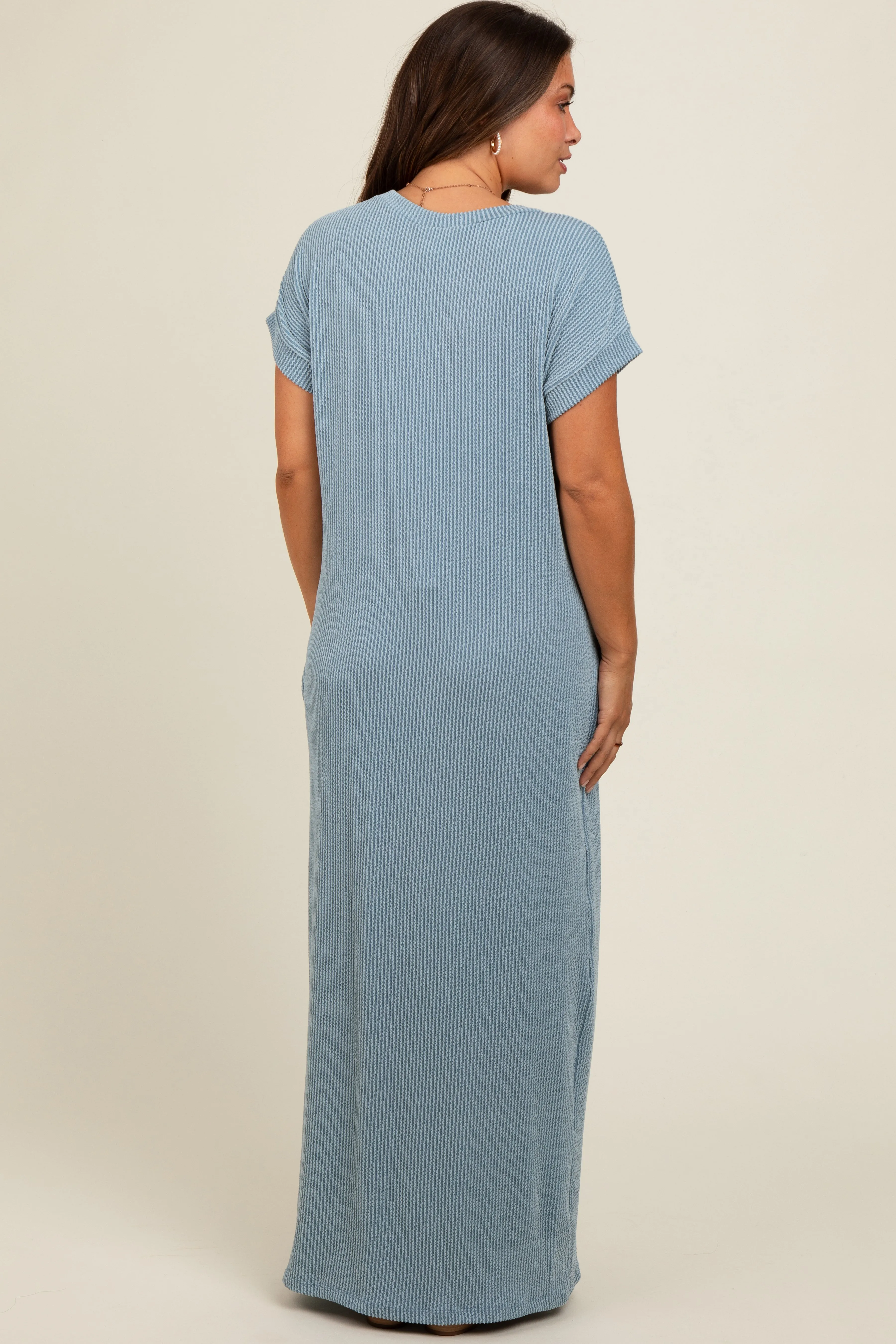 Light Blue Ribbed V-Neck Maternity Midi Dress sold by Pinkblush product image thumbnail 3