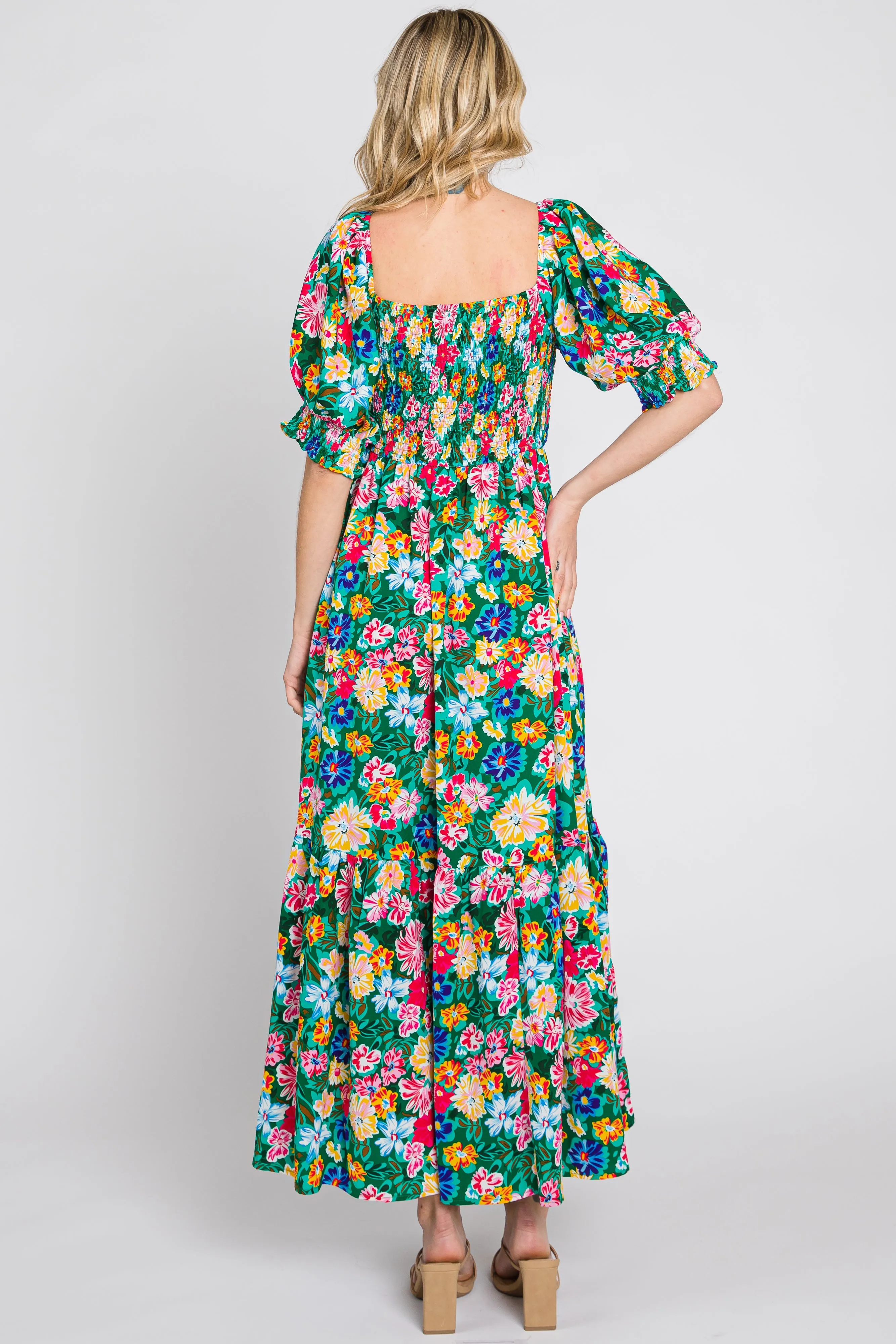 Green Floral Smocked Puff Sleeve Maxi Dress sold by Pinkblush product image thumbnail 4