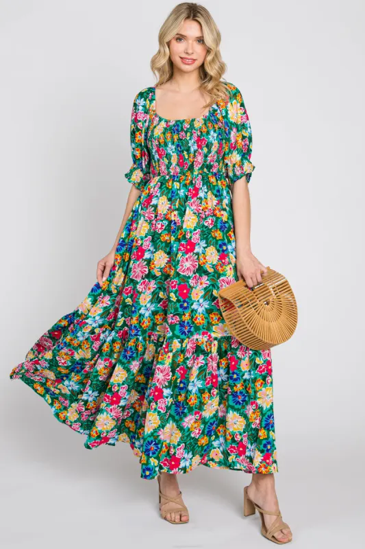 Green Floral Smocked Puff Sleeve Maxi Dress sold by Pinkblush