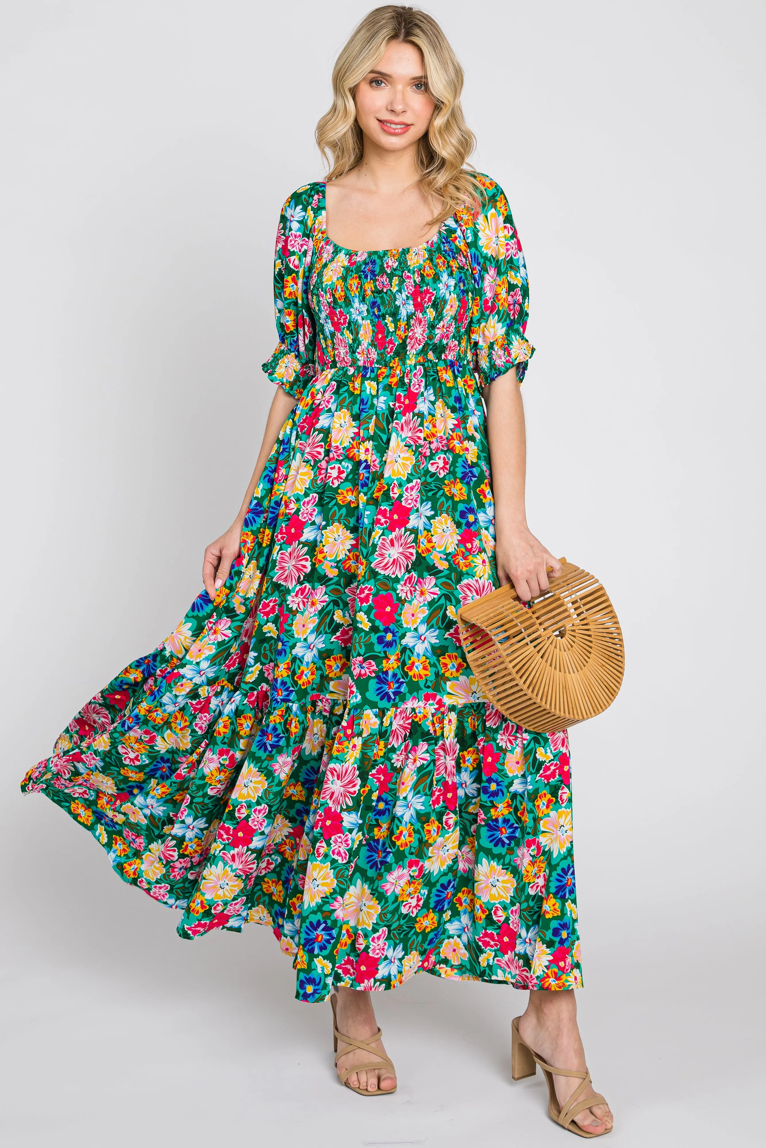 Green Floral Smocked Puff Sleeve Maxi Dress sold by Pinkblush