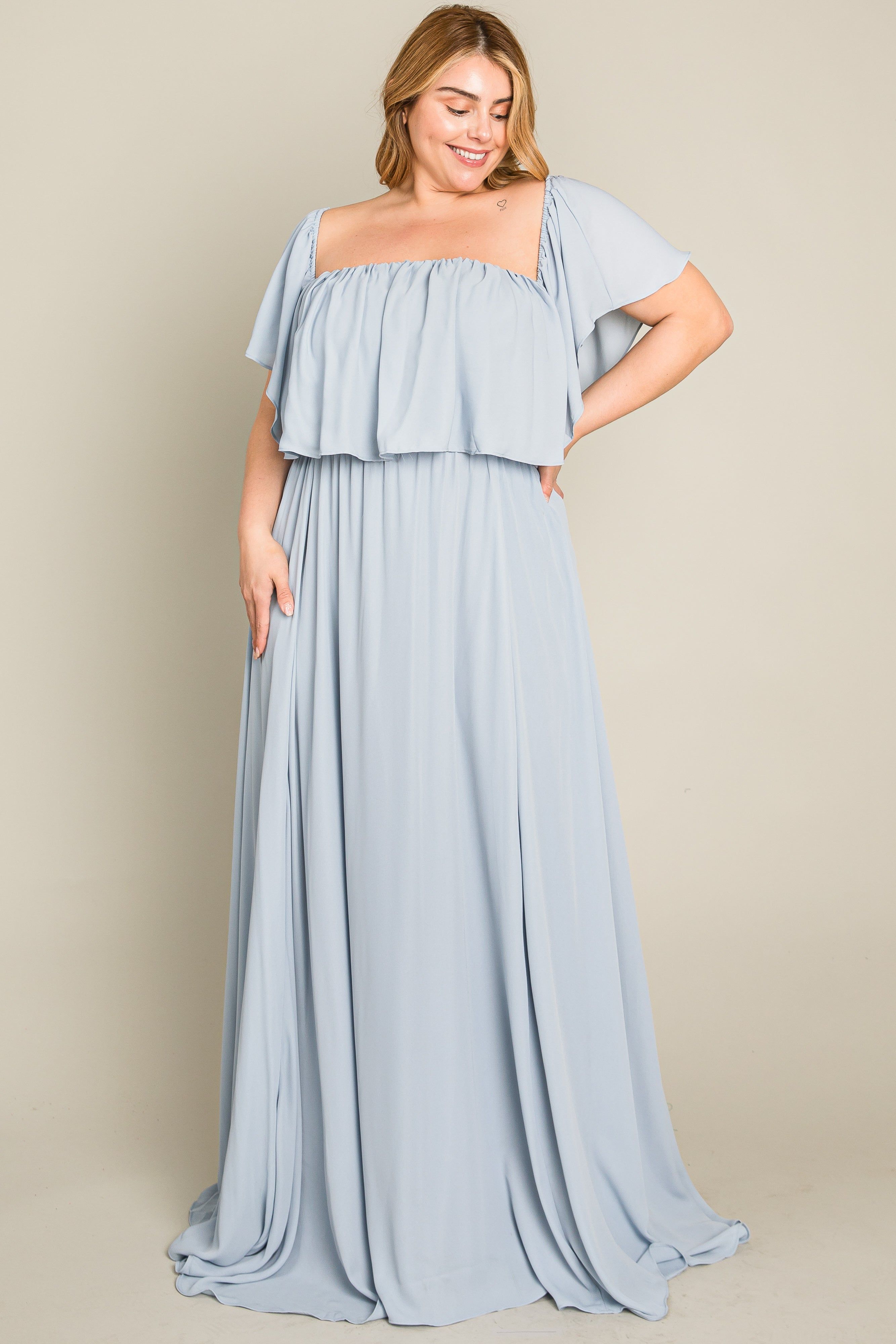 Light Blue Chiffon Off Shoulder Plus Gown sold by Pinkblush product image thumbnail 4