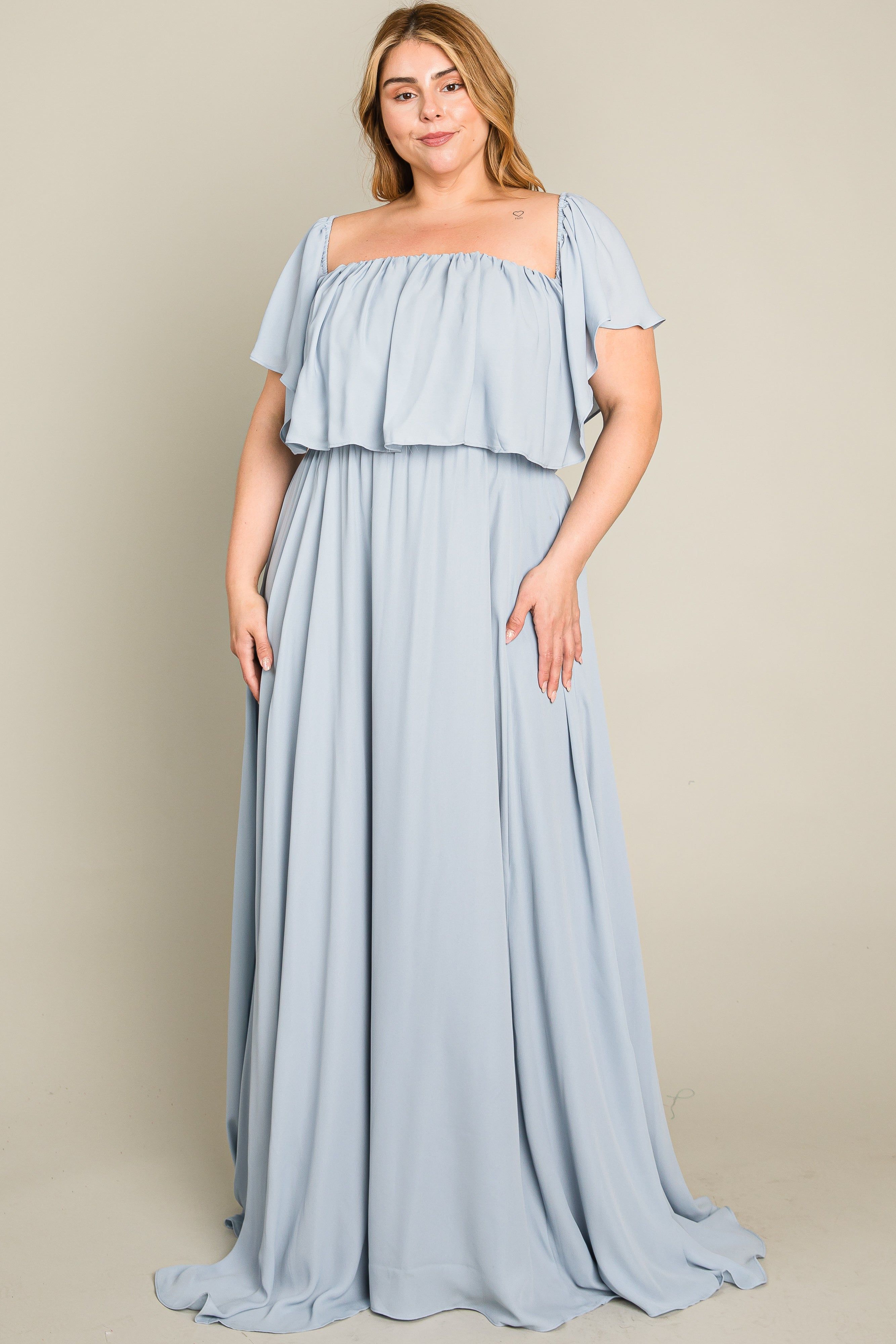 Light Blue Chiffon Off Shoulder Plus Gown sold by Pinkblush