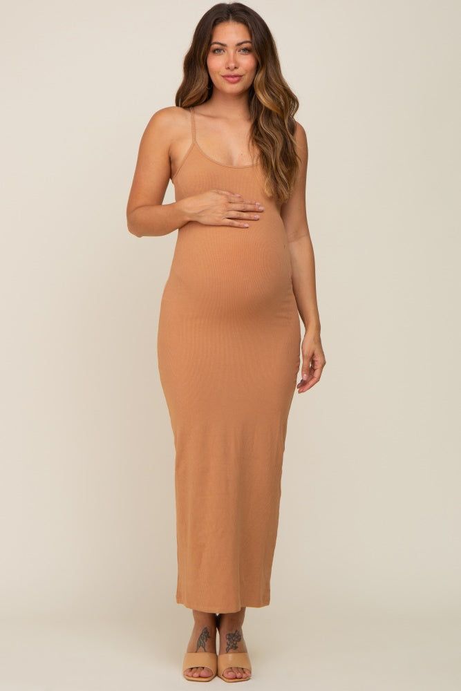Camel Ribbed Basic Maternity Midi Dress sold by Pinkblush product image thumbnail 4