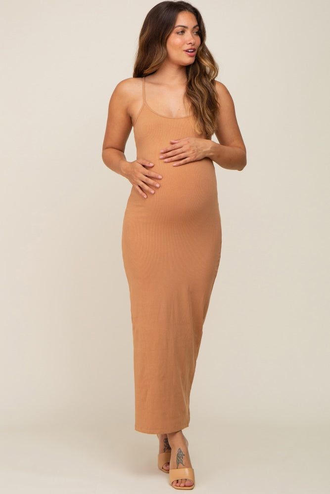 Camel Ribbed Basic Maternity Midi Dress sold by Pinkblush