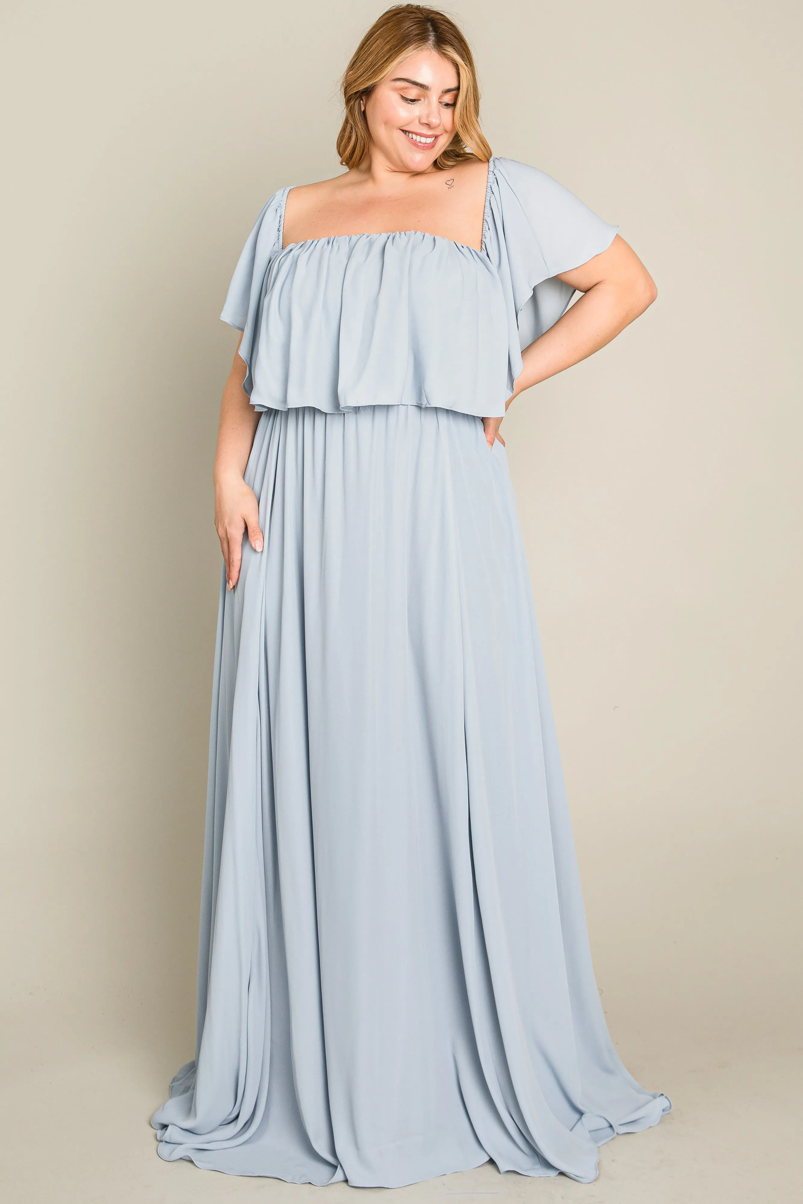 Light Blue Chiffon Off Shoulder Plus Gown sold by Pinkblush product image thumbnail 4