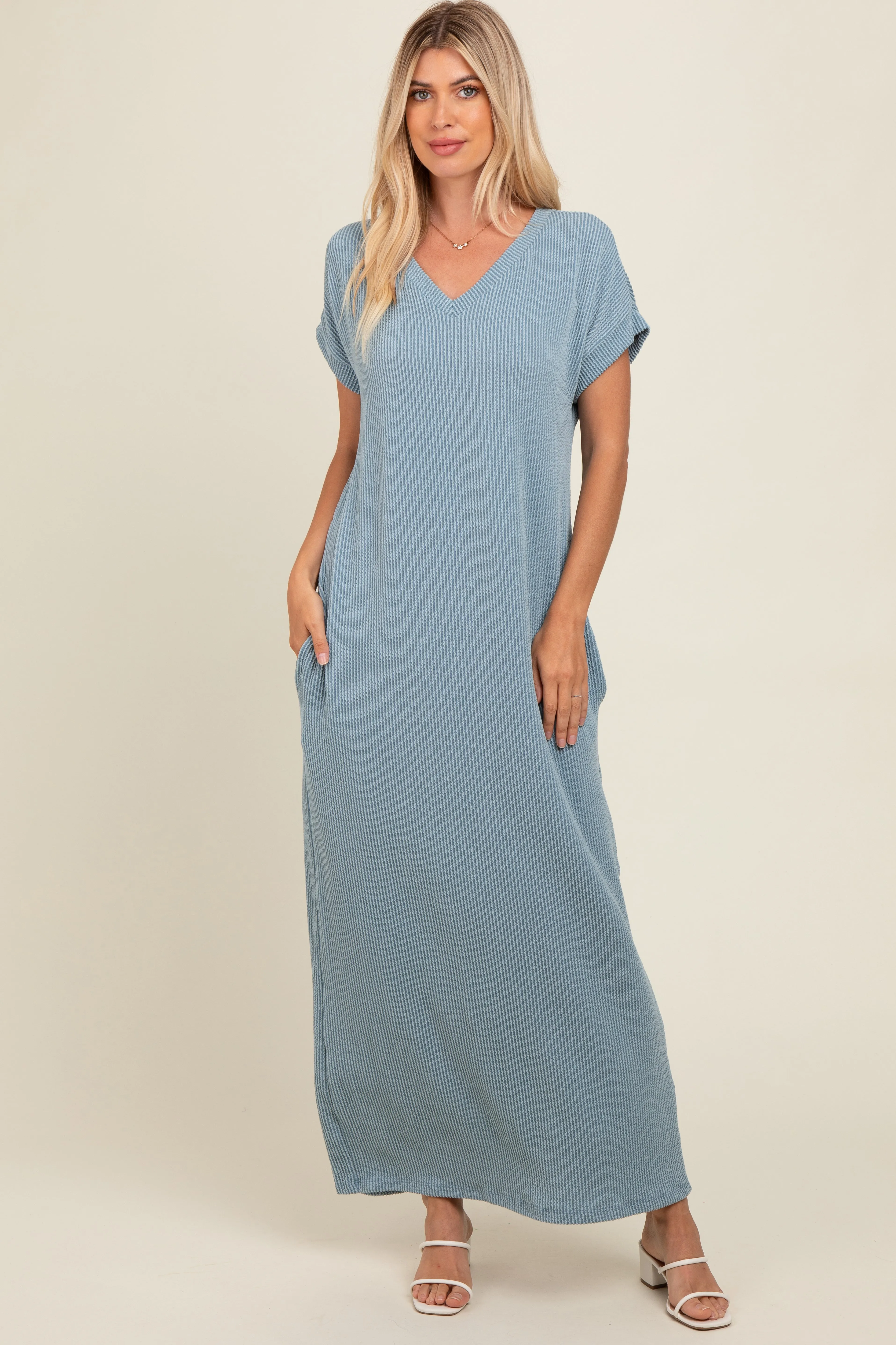 Light Blue Ribbed V-Neck Maternity Midi Dress sold by Pinkblush product image thumbnail 4