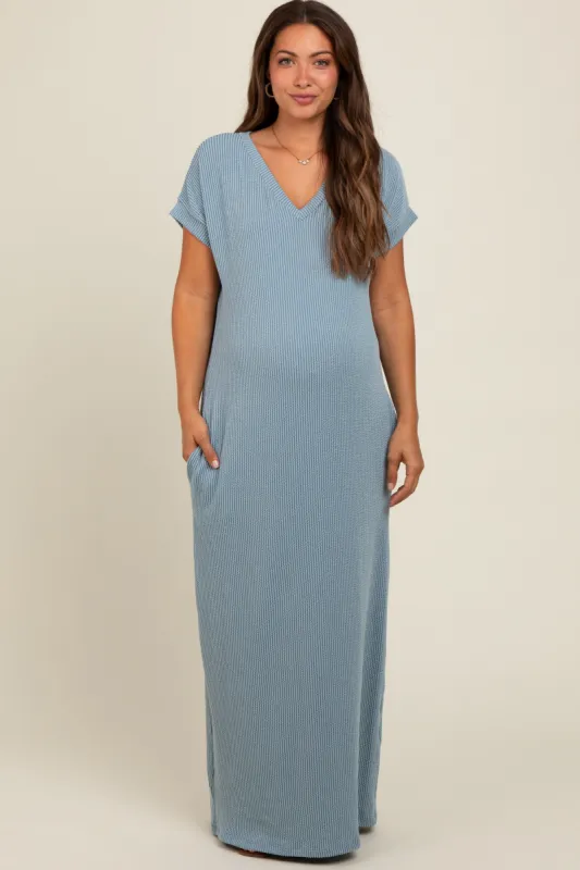 Light Blue Ribbed V-Neck Maternity Midi Dress sold by Pinkblush