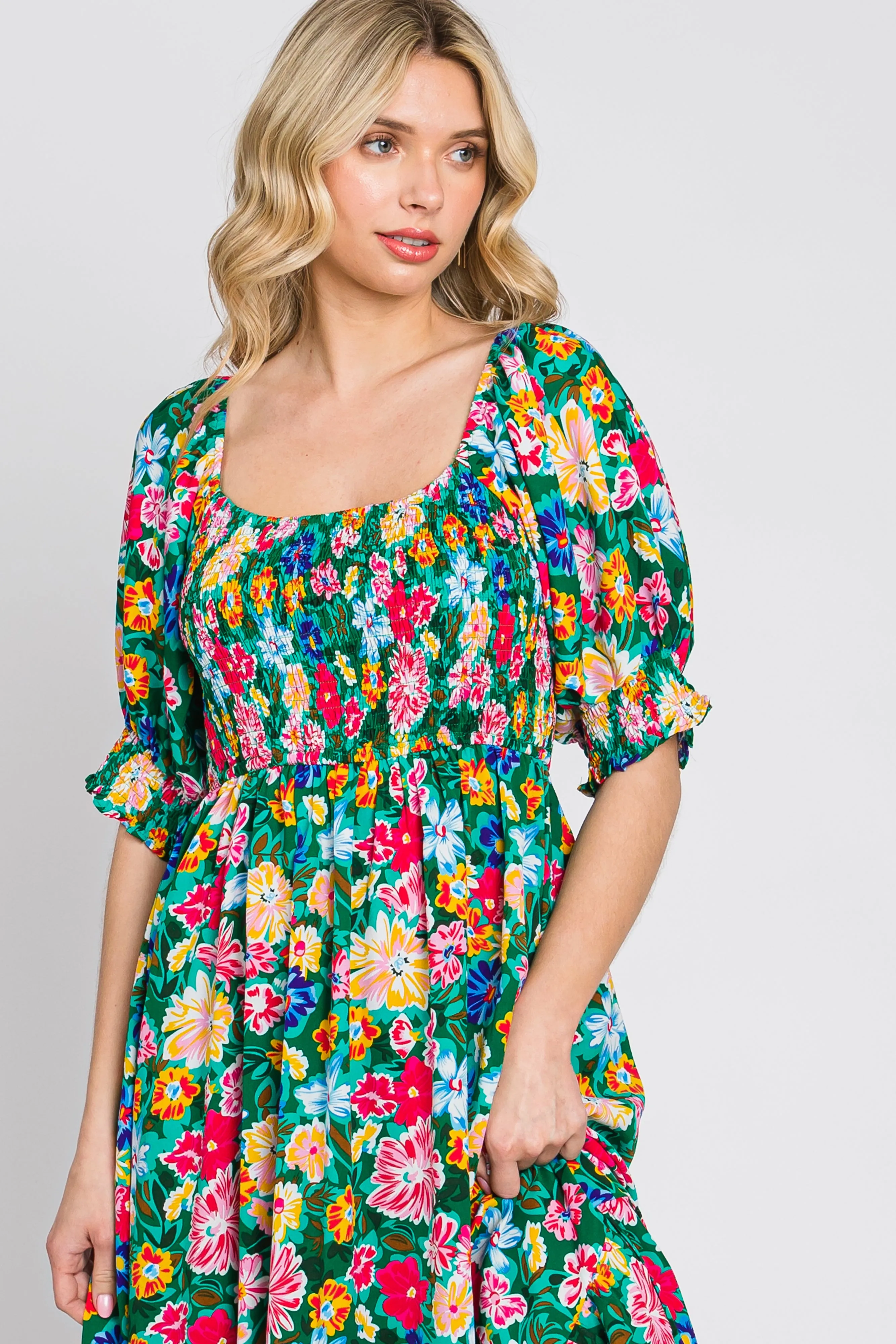 Green Floral Smocked Puff Sleeve Maxi Dress sold by Pinkblush product image thumbnail 5