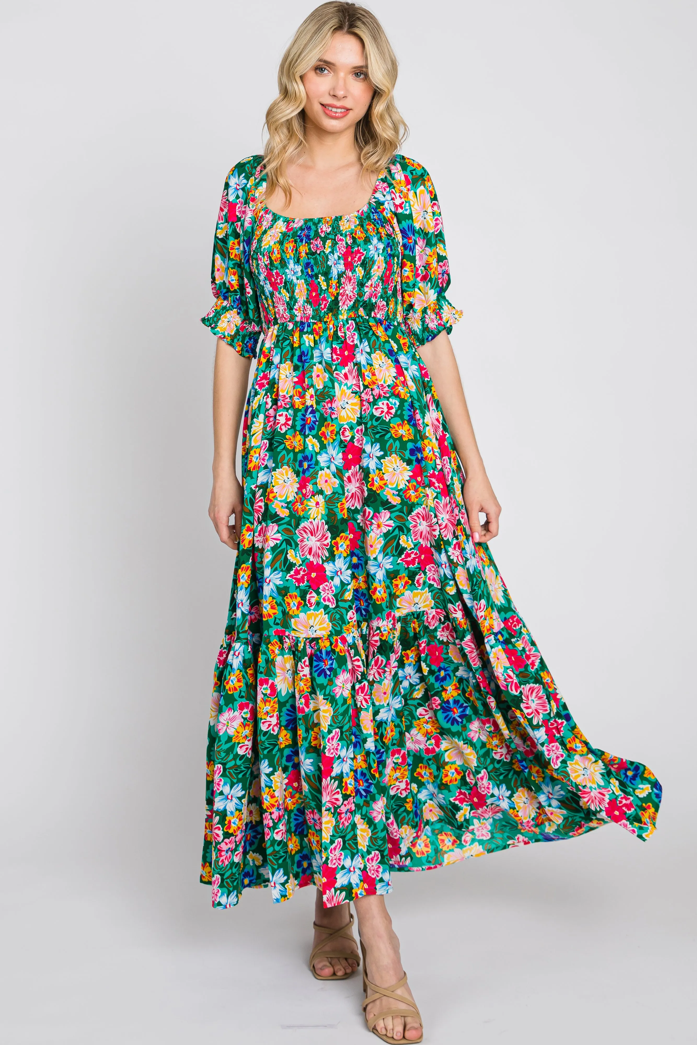 Green Floral Smocked Puff Sleeve Maxi Dress sold by Pinkblush product image thumbnail 2