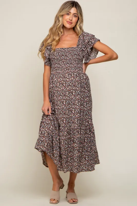 Black Floral Flutter Maternity Midi Dress sold by Pinkblush