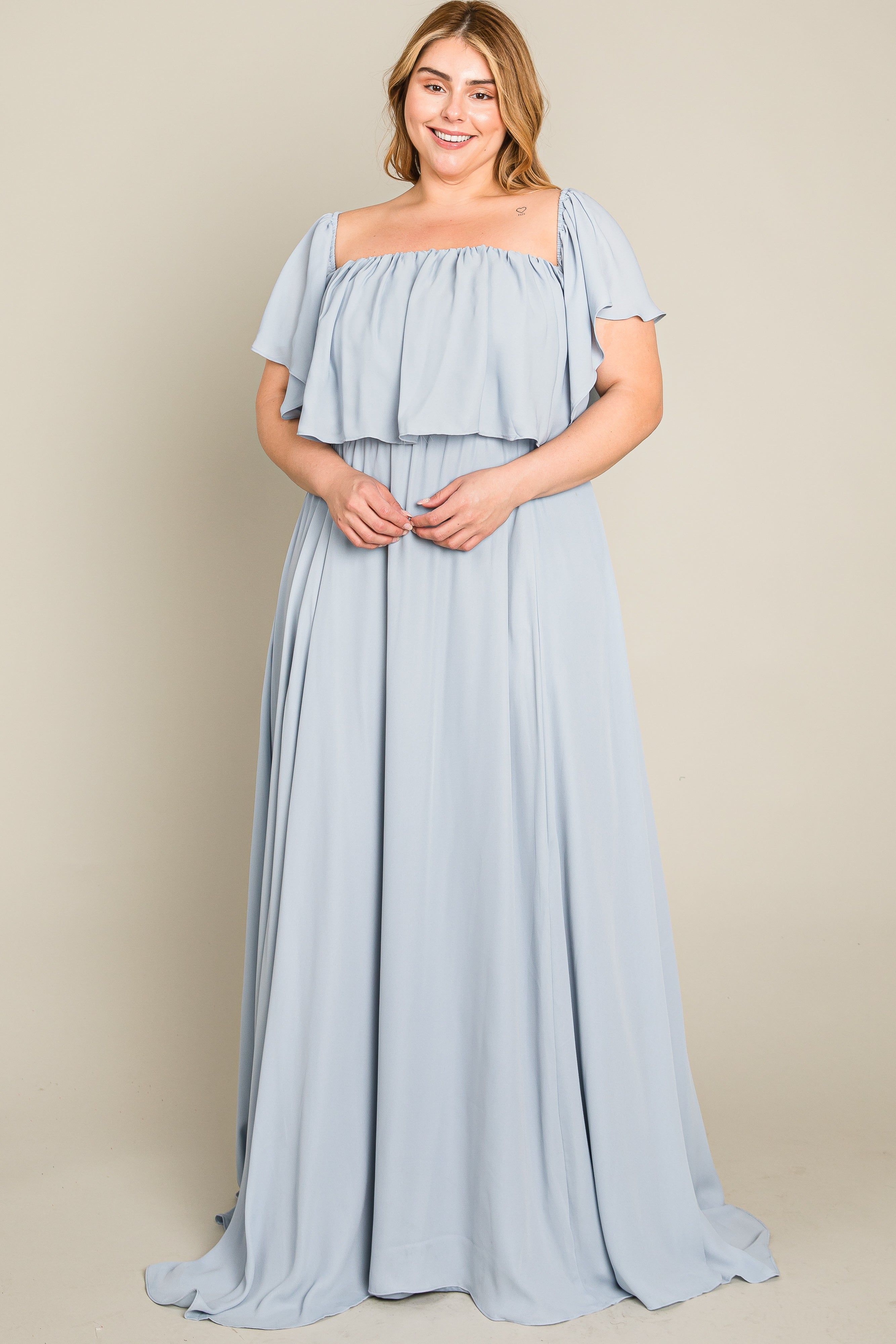 Light Blue Chiffon Off Shoulder Plus Gown sold by Pinkblush product image thumbnail 5