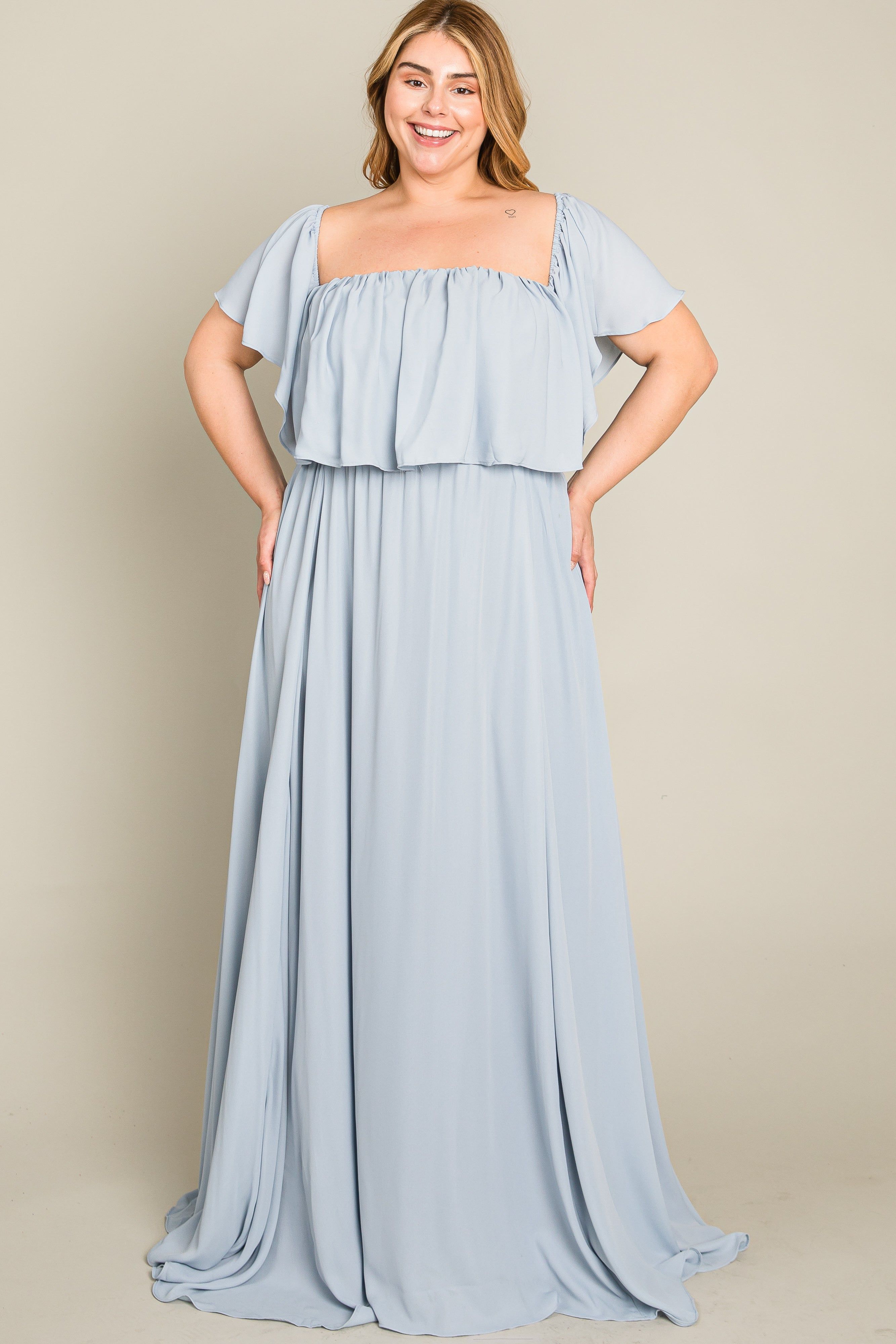 Light Blue Chiffon Off Shoulder Plus Gown sold by Pinkblush product image thumbnail 2
