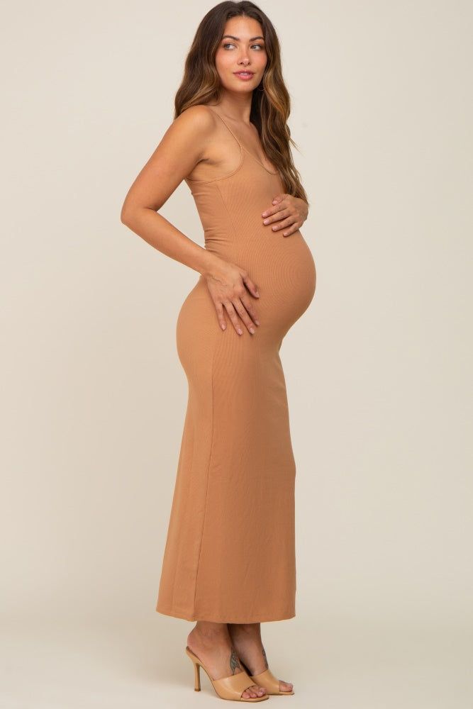 Camel Ribbed Basic Maternity Midi Dress sold by Pinkblush product image thumbnail 2