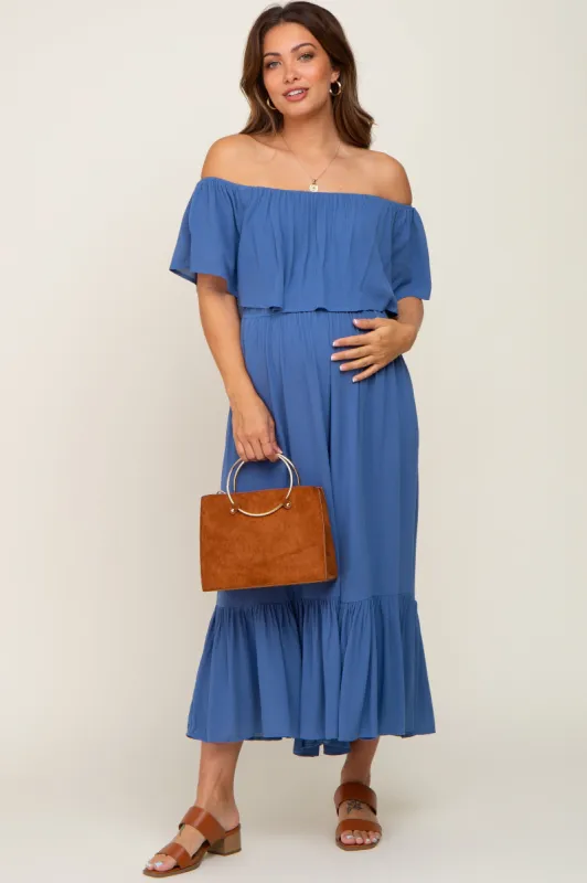 Blue Flounce Off Shoulder Maternity Jumpsuit sold by Pinkblush