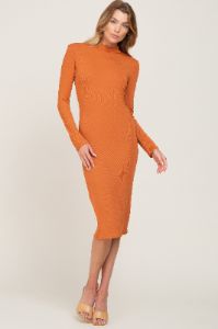 Orange Ribbed Fitted Mock Neck Long Sleeve Dress sold by Pinkblush