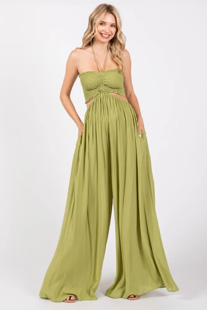 Lime Smocked Drawstring Halter Side Cutout Maternity Jumpsuit sold by Pinkblush product image thumbnail 5