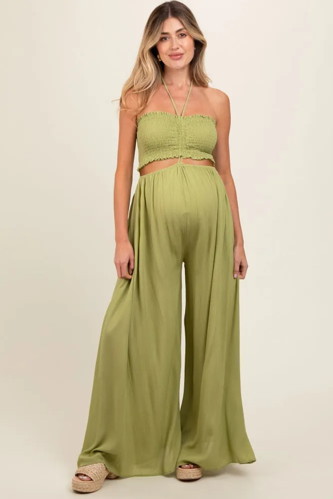Lime Smocked Drawstring Halter Side Cutout Maternity Jumpsuit sold by Pinkblush product image thumbnail 2