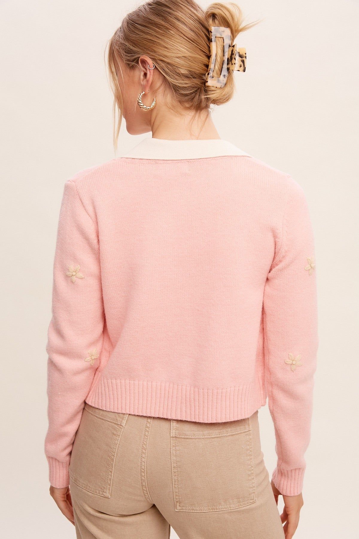Pink Floral Embroidered Sweater Weaved Crop Cardigan sold by Pinkblush product image thumbnail 3