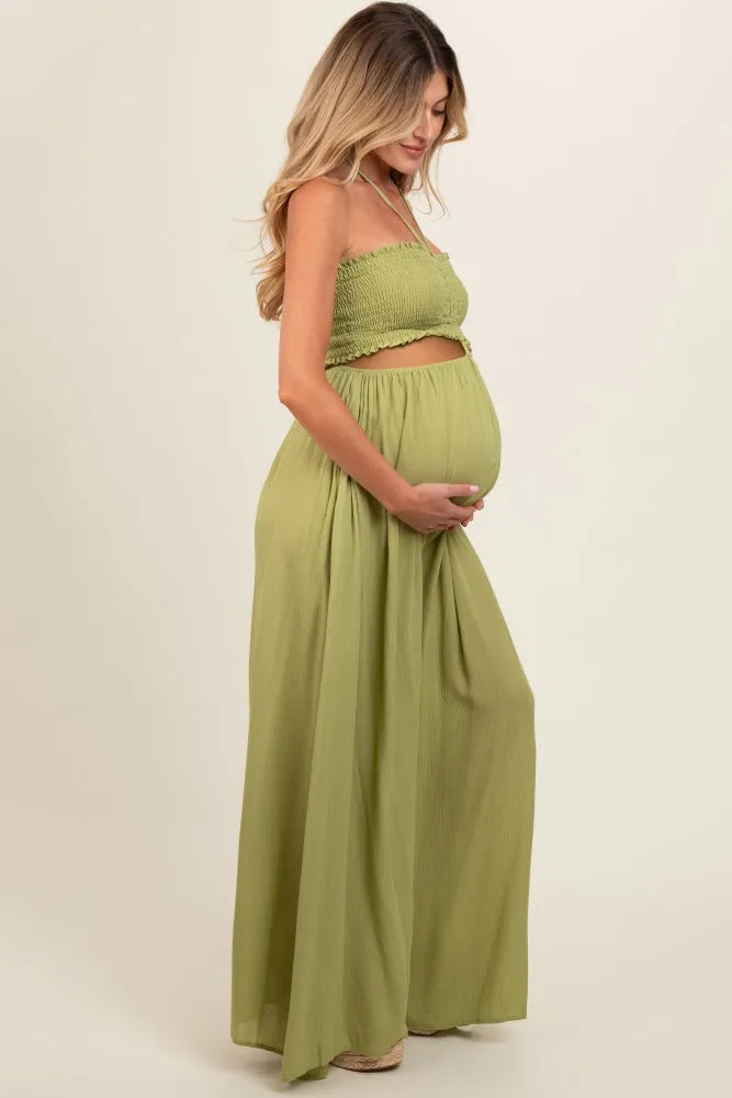Lime Smocked Drawstring Halter Side Cutout Maternity Jumpsuit sold by Pinkblush product image thumbnail 3