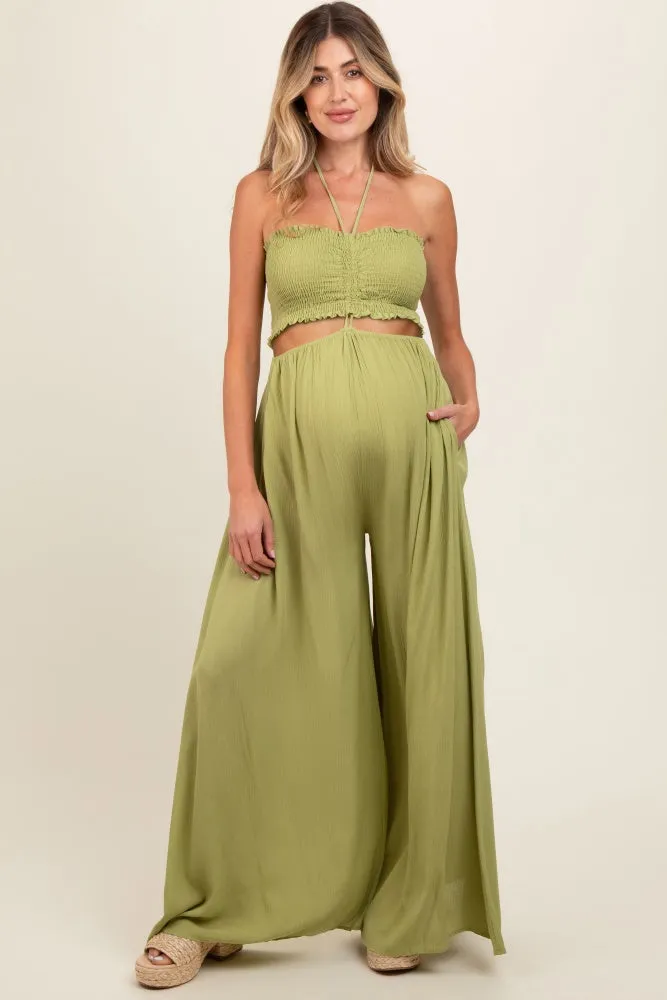 Lime Smocked Drawstring Halter Side Cutout Maternity Jumpsuit sold by Pinkblush