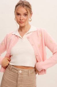 Pink Floral Embroidered Sweater Weaved Crop Cardigan sold by Pinkblush
