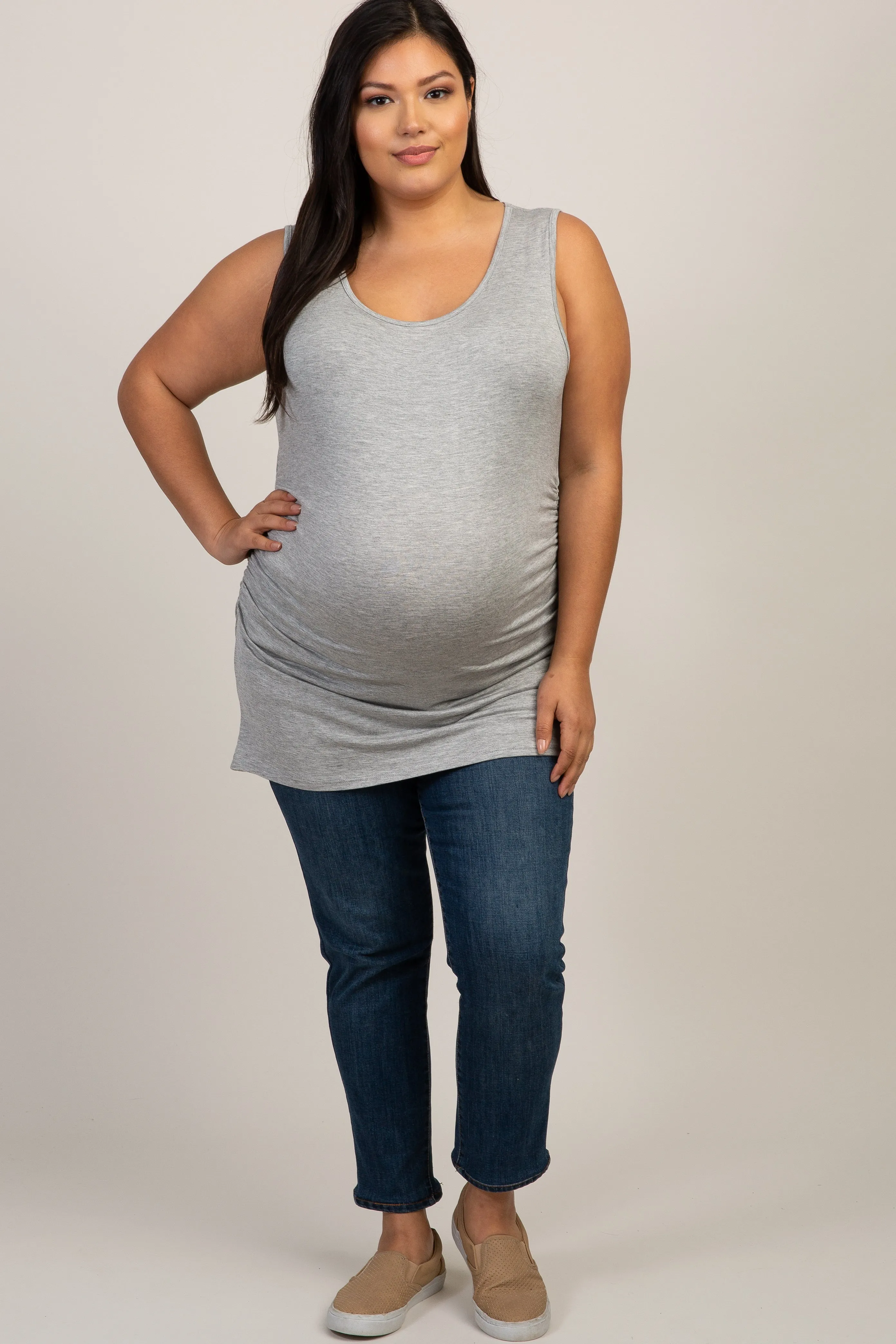 PinkBlush Heather Grey Ruched Fitted Plus Maternity Tank Top sold by Pinkblush product image thumbnail 4