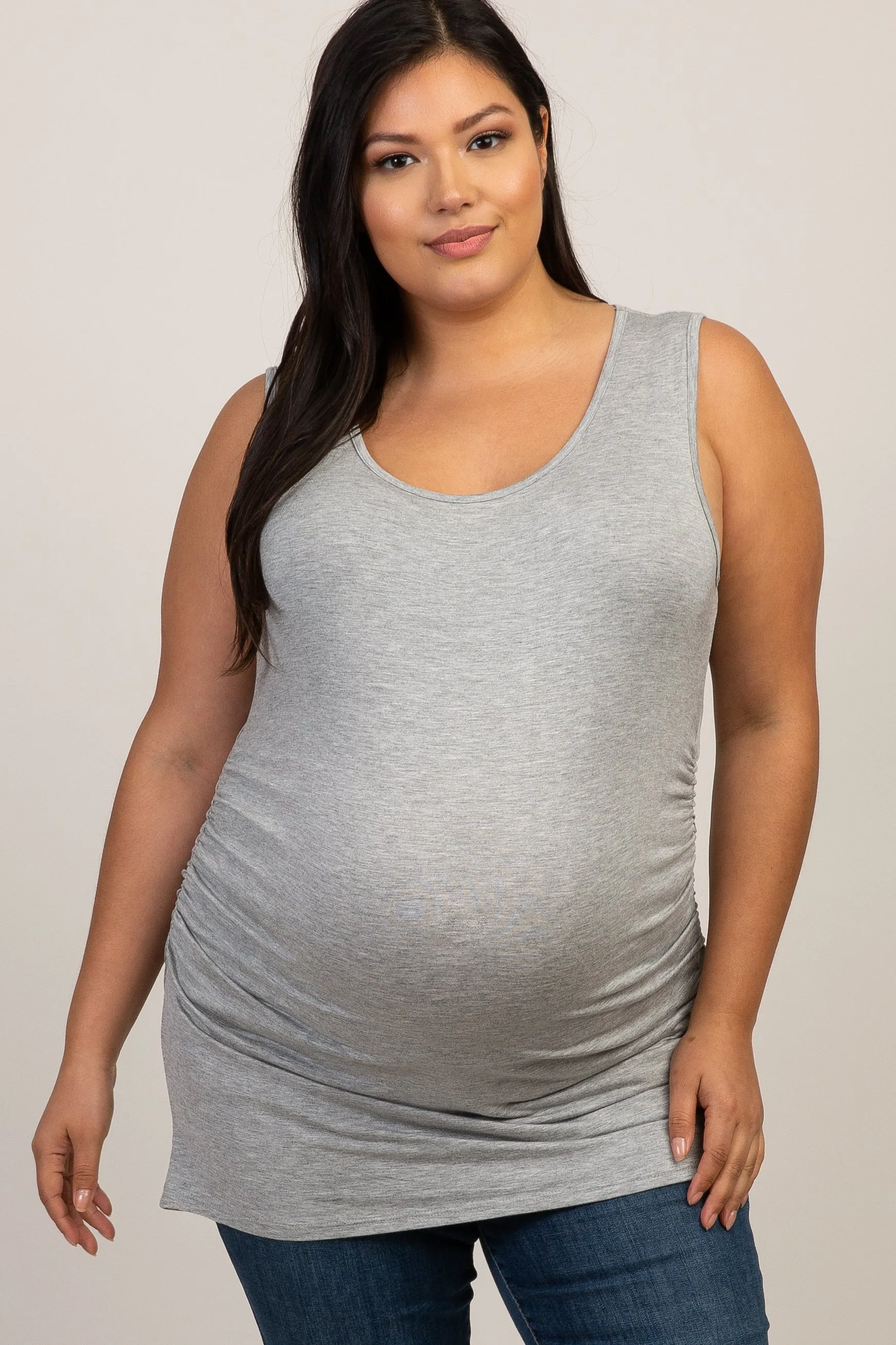 PinkBlush Heather Grey Ruched Fitted Plus Maternity Tank Top sold by Pinkblush