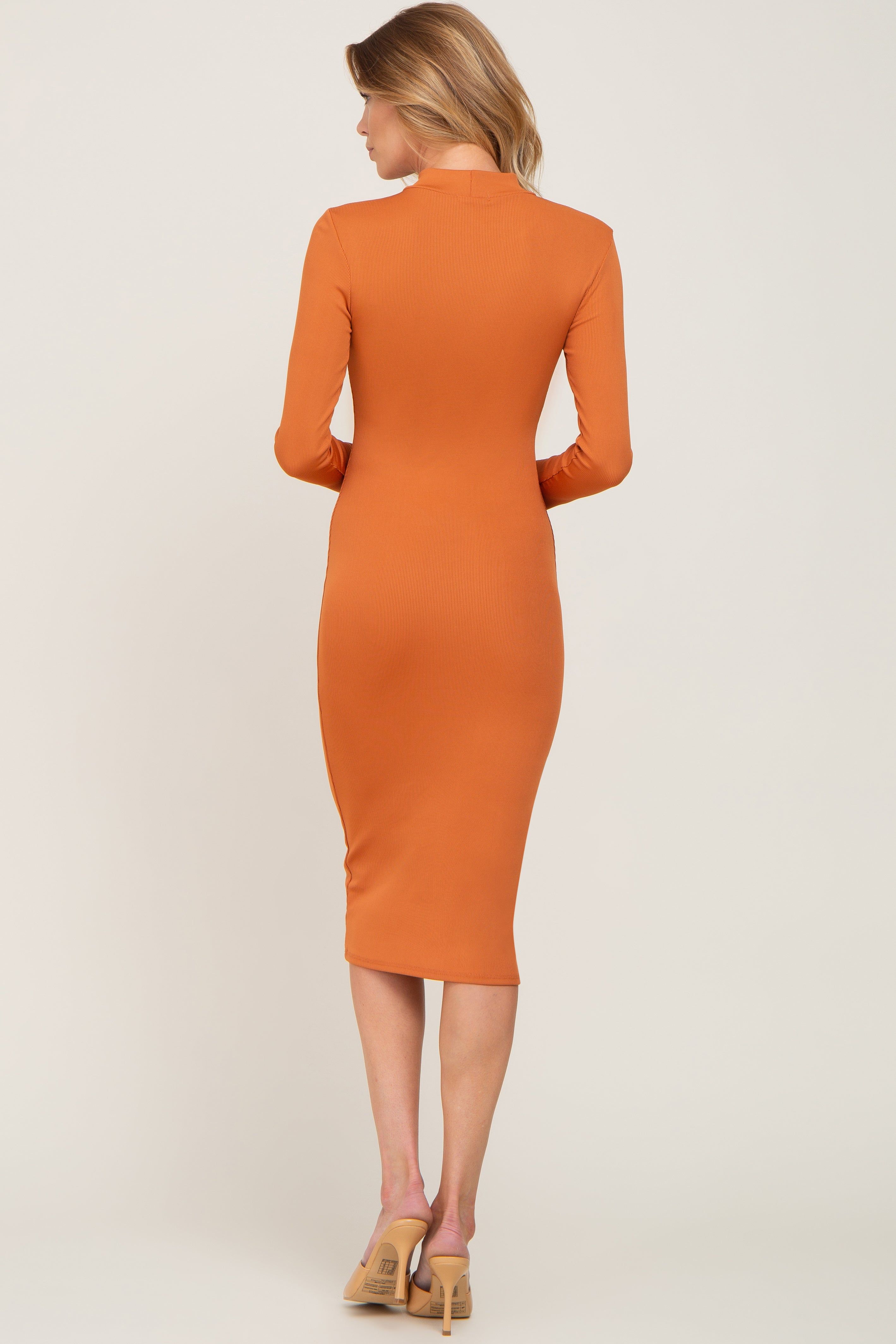 Orange Ribbed Fitted Mock Neck Long Sleeve Dress sold by Pinkblush product image thumbnail 3